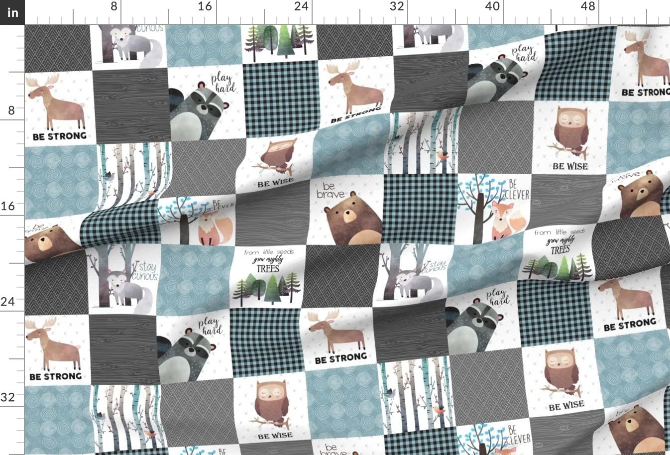 Spoonflower Fabric - Woodland Patchwork Quilt Bear Moose Fox Raccoon Wolf Gray & Blue Printed on Upholstery Velvet Fabric Fat Quarter - Upholstery Home Decor Bottomweight Apparel