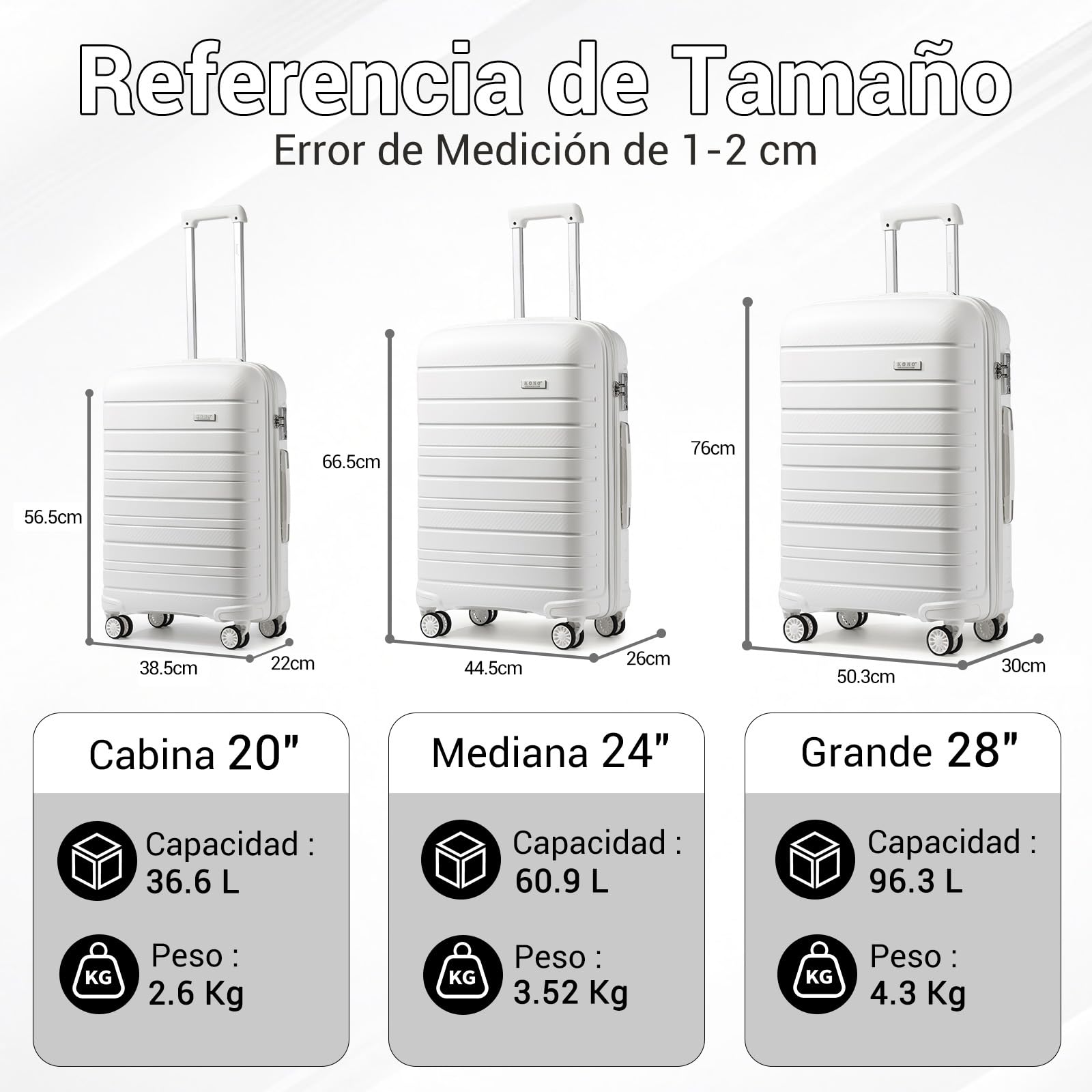 Kono Maletas de Viaje Grandes 23 Kilos, de PP Ligera y Resistente, Maleta Grande 28 Pulgadas con Textura Brillo/Mate, Elegante y Moderna, Cremalleras, Candado TSA y Ruedas TPE (Blanco)
