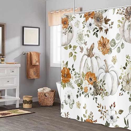 Miniatura 3 de Cortina de ducha de calabaza de acuarela de otoño, calabazas de cosecha de otoño con cortina de baño floral para bañera, decoración del hogar, tela