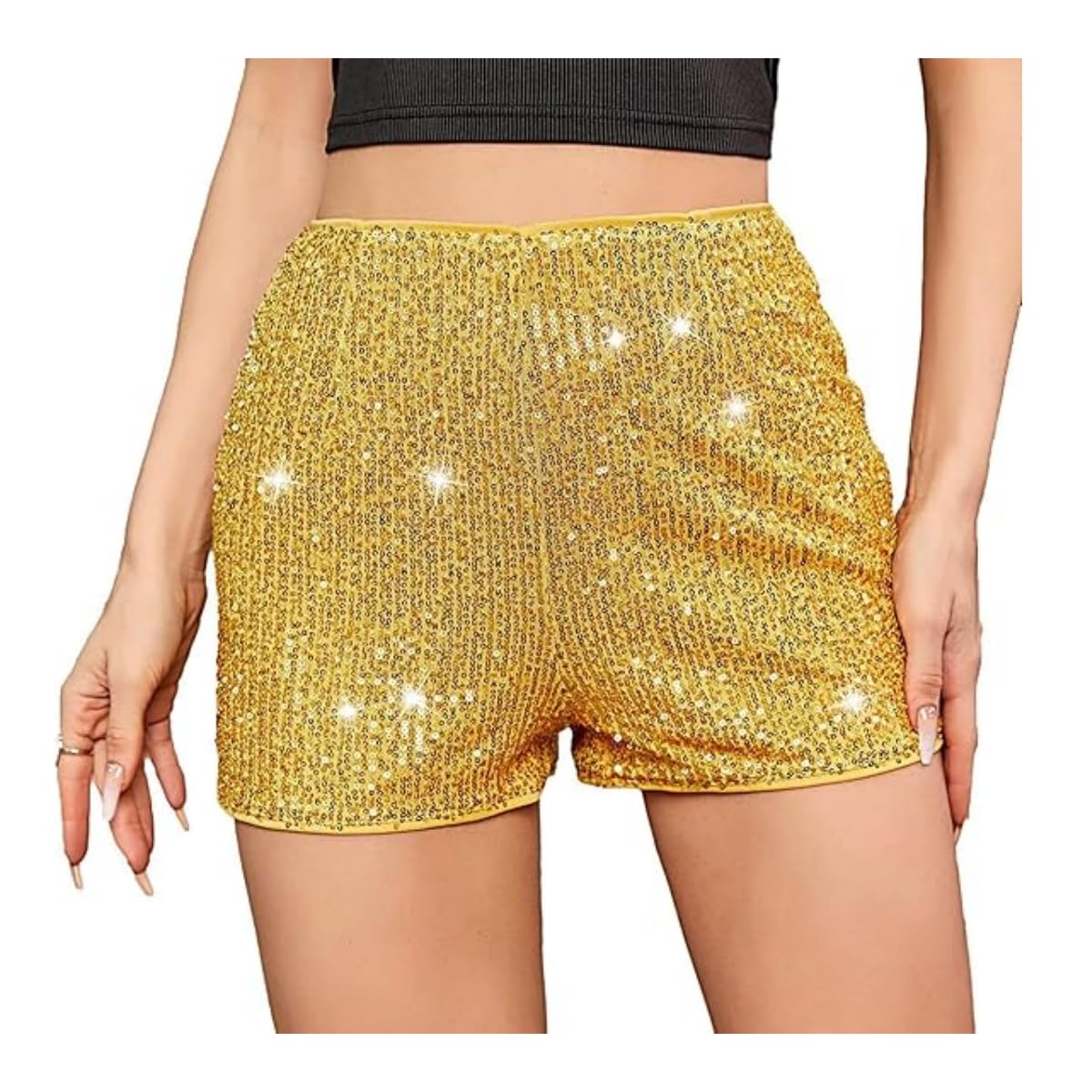 Damen Glitzer Pailletten Shorts Locker Stretch Hohe Taille