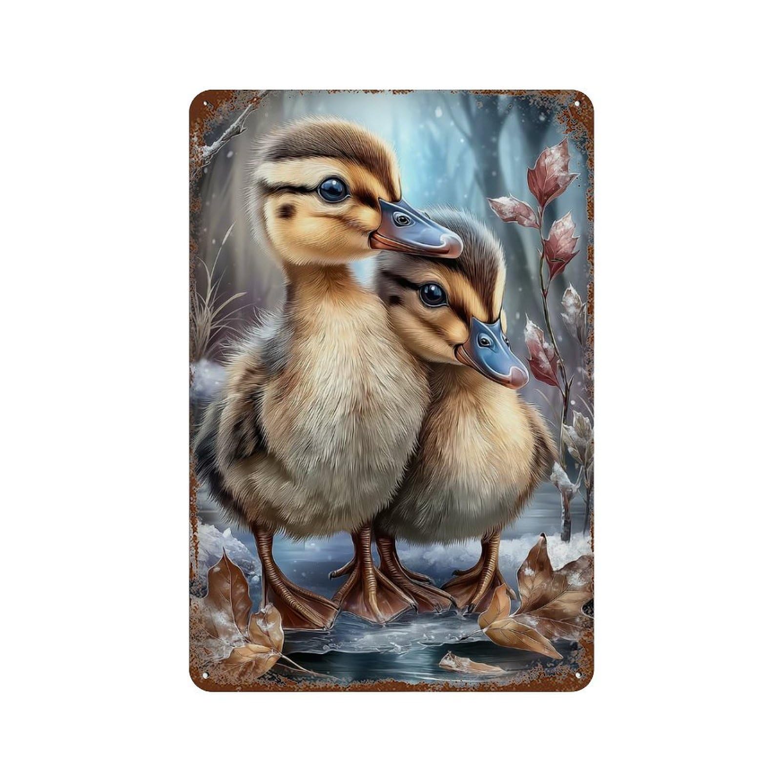 Rustic Tin Plaque Two Ducklings in Winter Scene 11.8"x7.9", Rustic Home Decor for Office, Studio And Wall Decor