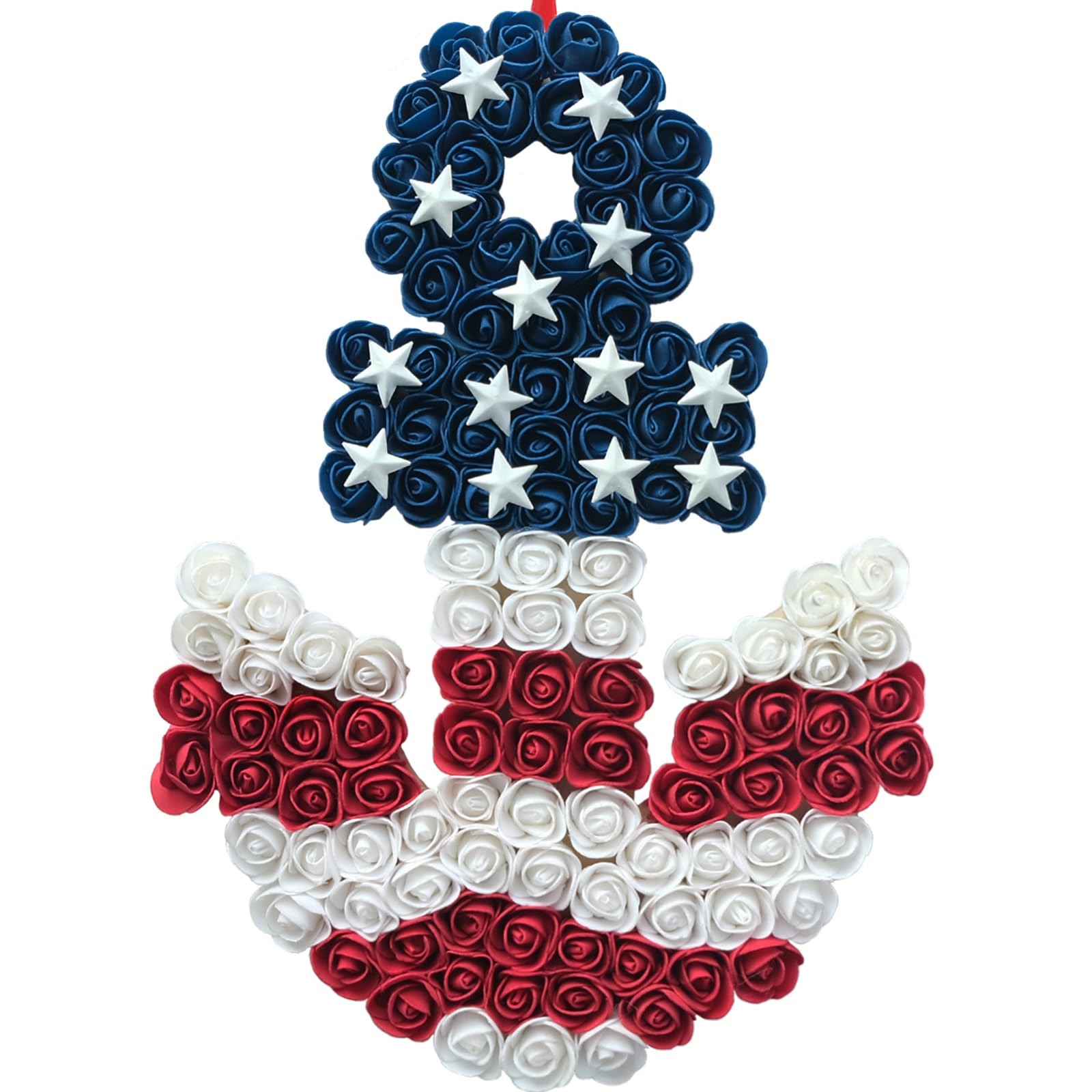17 Inch Patriotic Red White Blue Anchor Soft Touch Roses Wreath for Front Door, Forth of July American Flag Color Soft Touch Floral Wreath for Indoor and Outdoor, Independence Home Decor