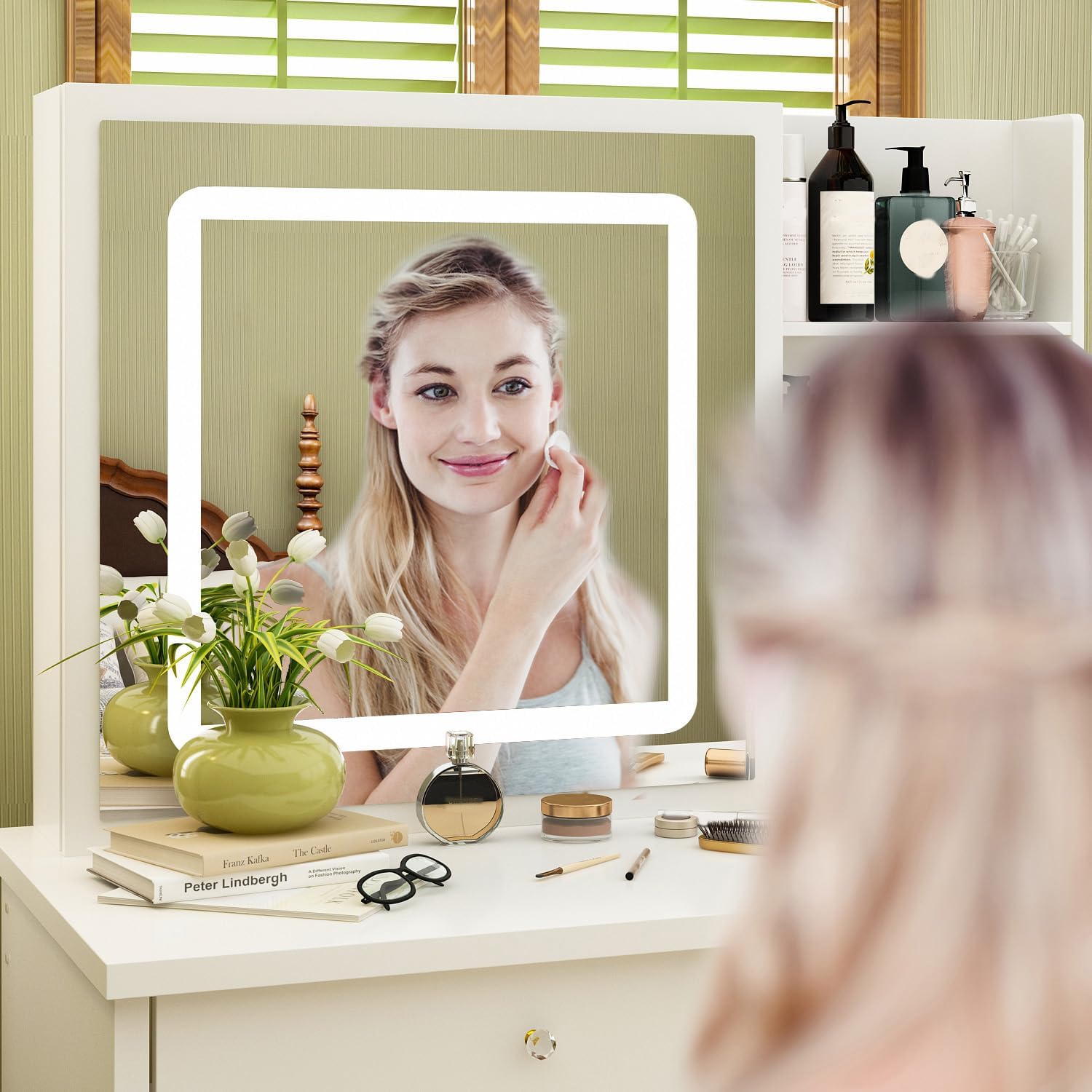 AIEGLE Large Vanity Desk Set with Lighted Sliding Mirror, Makeup Vanity Adjustable in 3 Colors, Dressing Table with Drawers & Cushioned Stool, White - Sliding Lighted Mirror