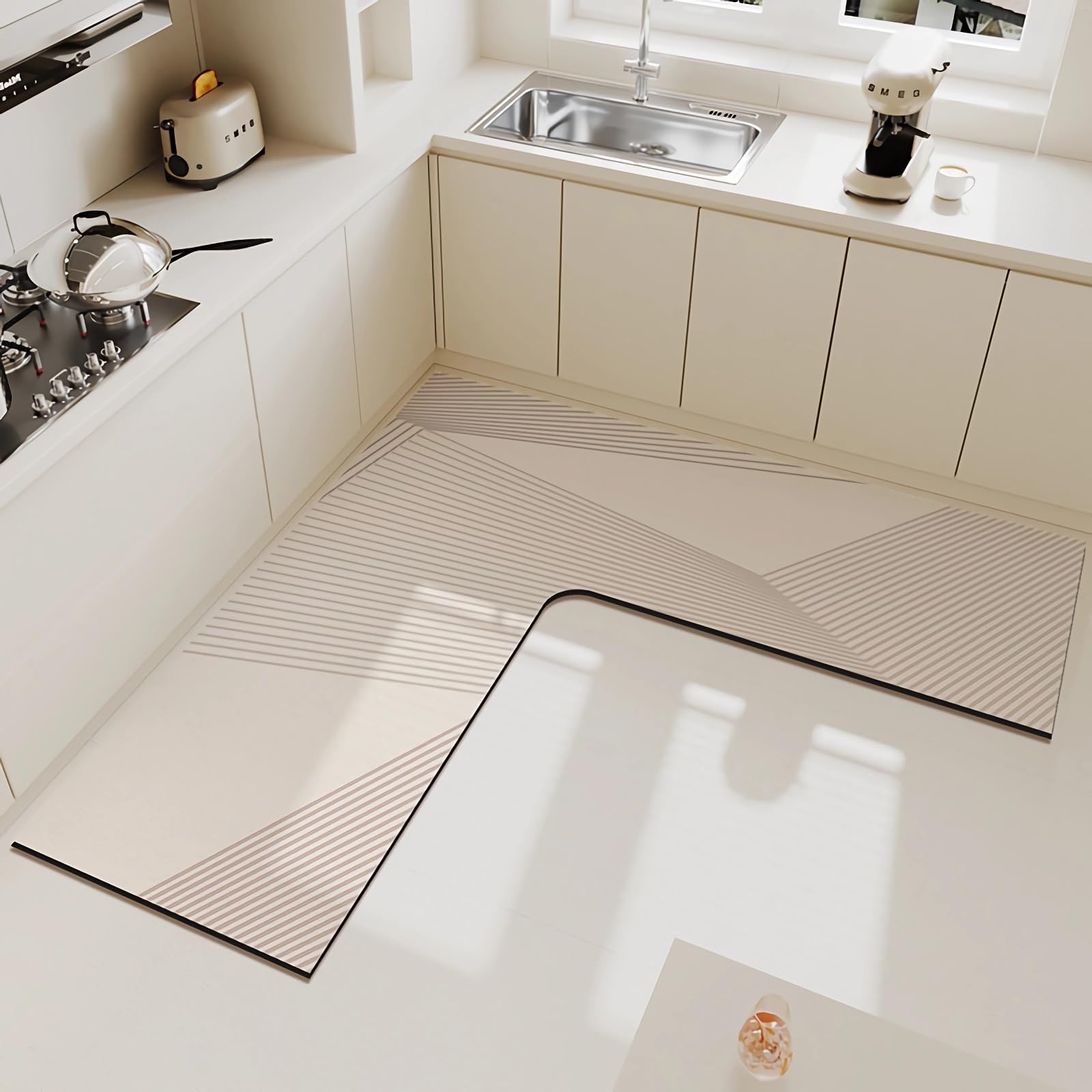 Tapis de Cuisine d'angle, Tapis en L, 1 Pièce, Super Absorbant, Antidérapant, pour Couloir, Buanderie, Salle de Bain(Color3,120x120x45cm)