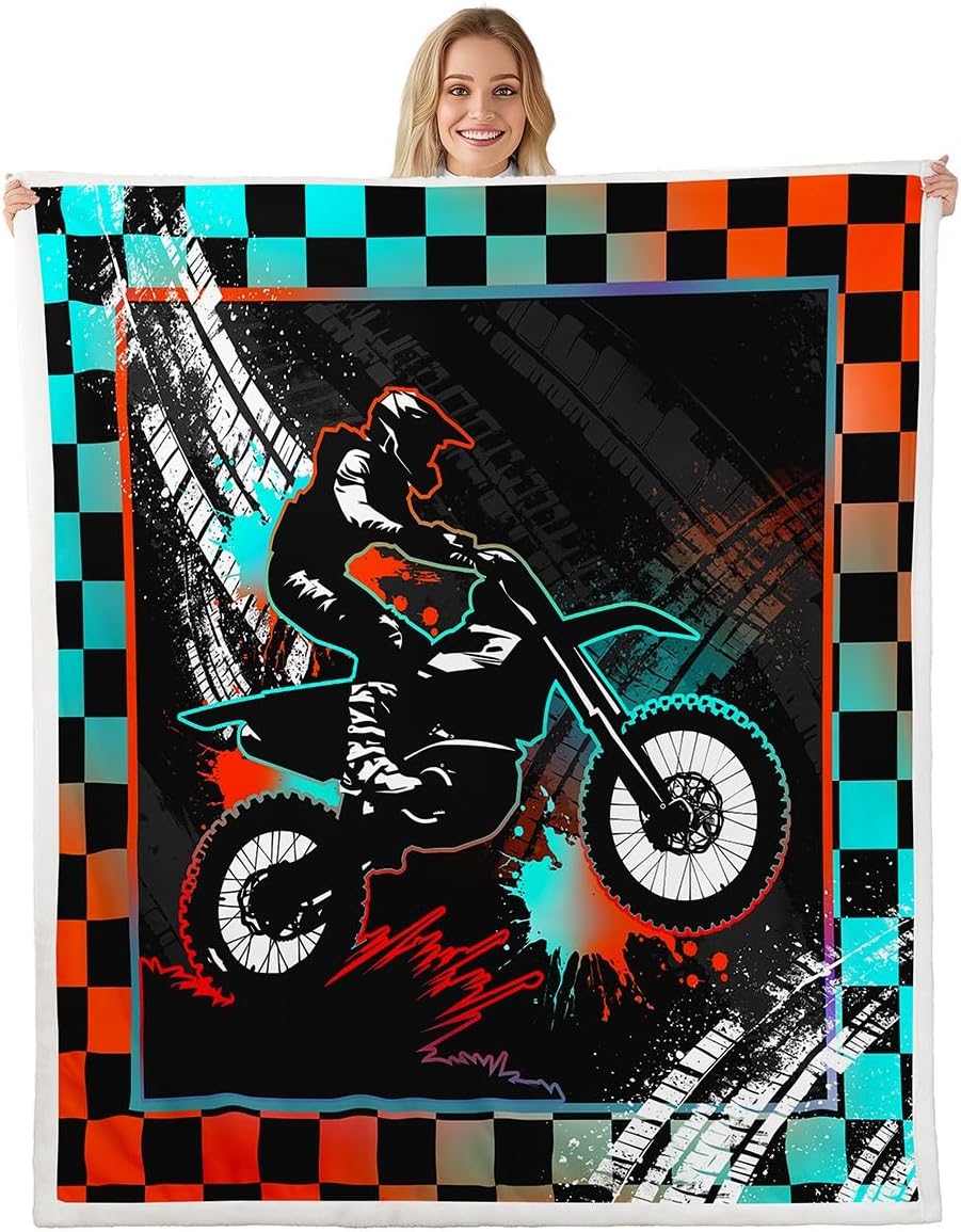 Feelyou Dirt Bike Plush Blanket Motocross Rider Sherpa Blanket Kids Boys Teens Orange Teal Blue Buffalo Plaid Fleece Throw Blanket Extreme Sport Fuzzy Blanket for Sofa Bed Couch,Throw 50x60 Inches