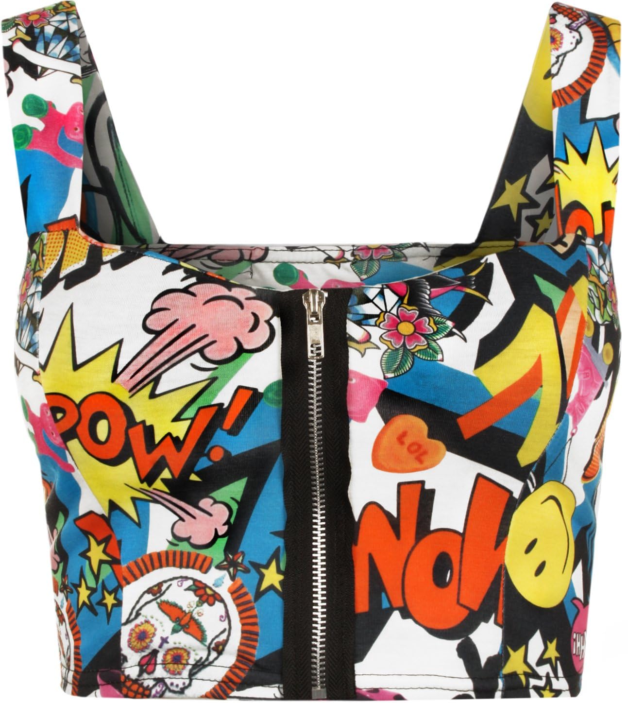 GOSTYLES® Womens Print Zip Bandeau Boobtube Bralet, Ladies Padded Strapless Crop Top with Front Zip Summer Stretchy Clubwear Strap Top (Comic, 8-10)