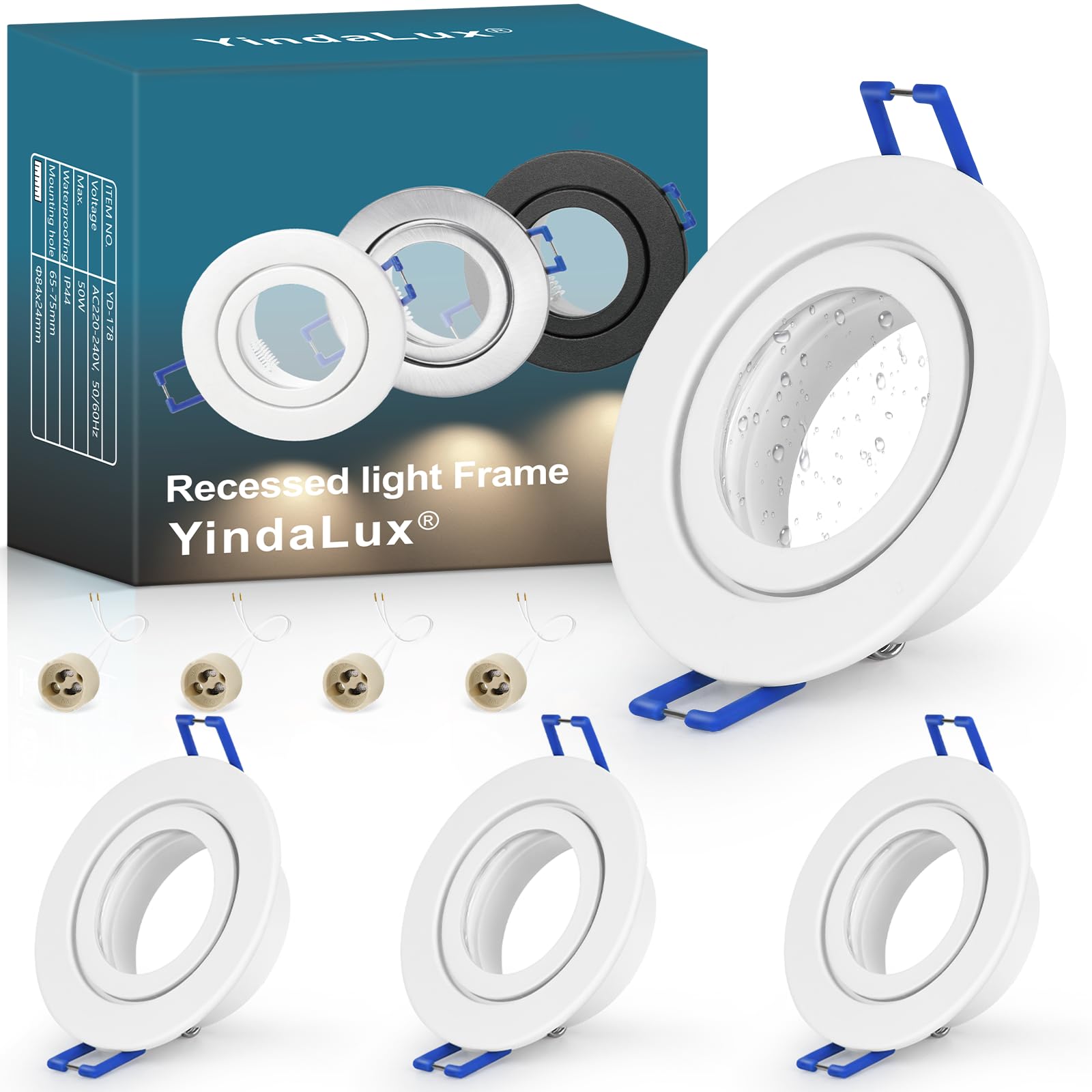 YindaLux 4 Pack GU10 Downlight Frames IP44 White, Aluminium Recessed Spotlight Bezels for Bathroom, 230V Ceiling Spots with GU10 Holder, Ø84mm, Cut-Out 65-75mm, Bulb Not Included