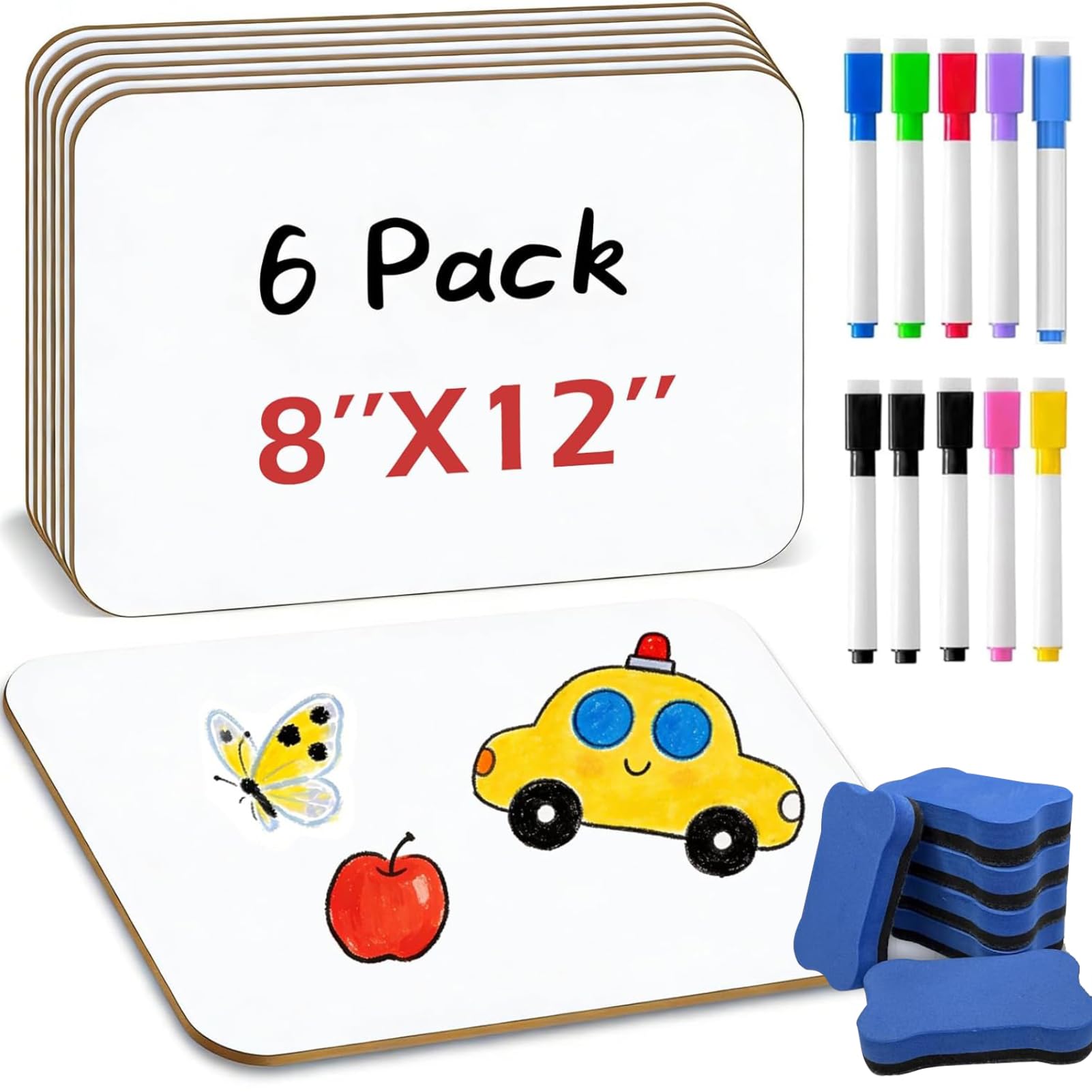 A4 Whiteboard, 6Pcs 8X12 Inch Mini Dry Erase White Board Double-Sided Lapboard with 10 Pens and 6 Erasers Portable for Students, Teacher,Classroom Home Office