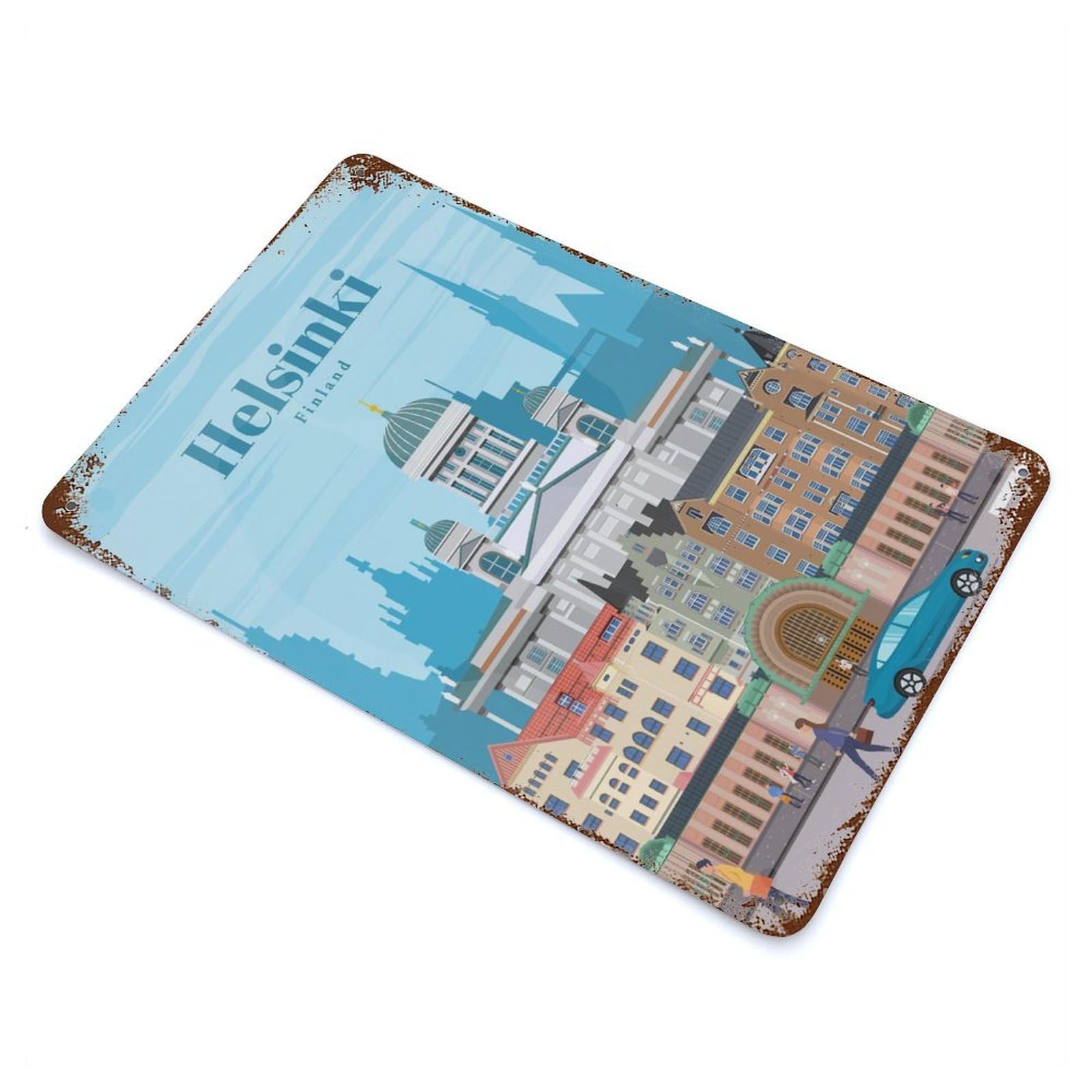 Distressed Metal Wall Sign Travel to Helsinki 11.8"x7.9", Vintage Wall Decor for Garage, Bar And Workshop Decor