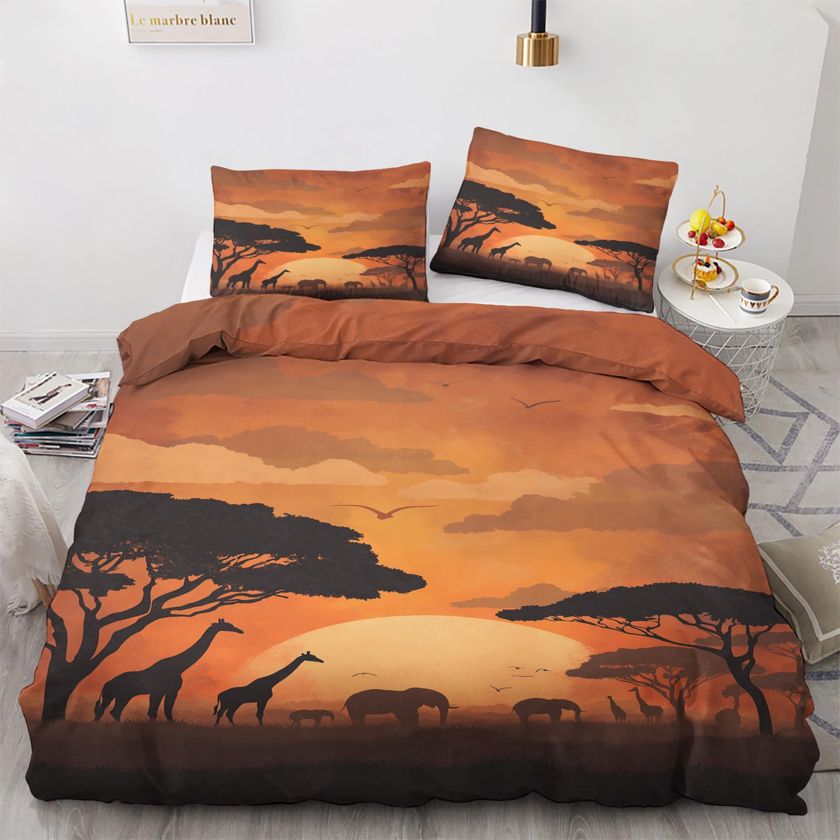 Venivici Afrika Bettwäsche 200x220 - Giraffe Elefant Sonnenuntergang Bettbezug 200x220 3 Teilig, Weiche & Angenehme Mikrofaser Bettbezüge & 2 Kissenbezug 80x80, Bettwäsche-Sets mit Reißverschluss
