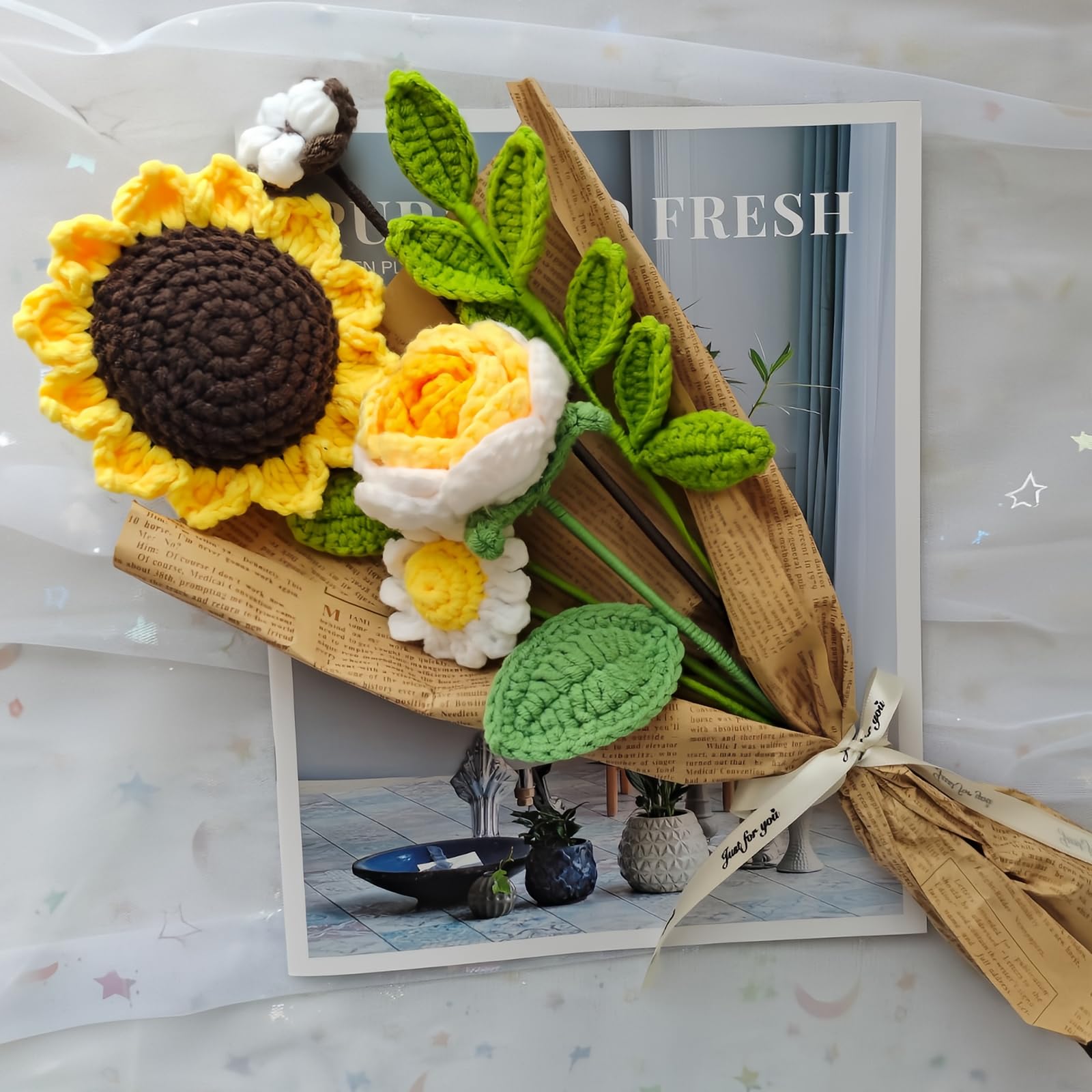 CDOUTSUN Crochet Flowers Bouquet, Knitted Crochet Sunflowers Bouquet Handmade Crocheted Flowers Bouquet DIY Home Decor for Mother's Day Birthday Wedding Gifts