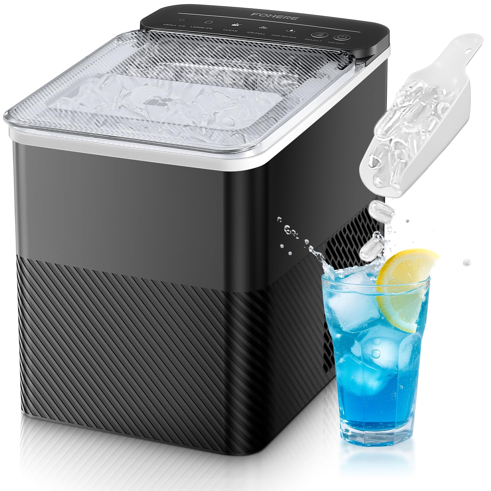 FOHERE Ice Maker, 14kg in 24h, 9 Ice Cubes in 5 Minutes, 2 Sizes Ice Cubes, Portable Counter Ice Maker, Self-Cleaning Ice Maker, Quiet, for Home/Kitchen/Camping