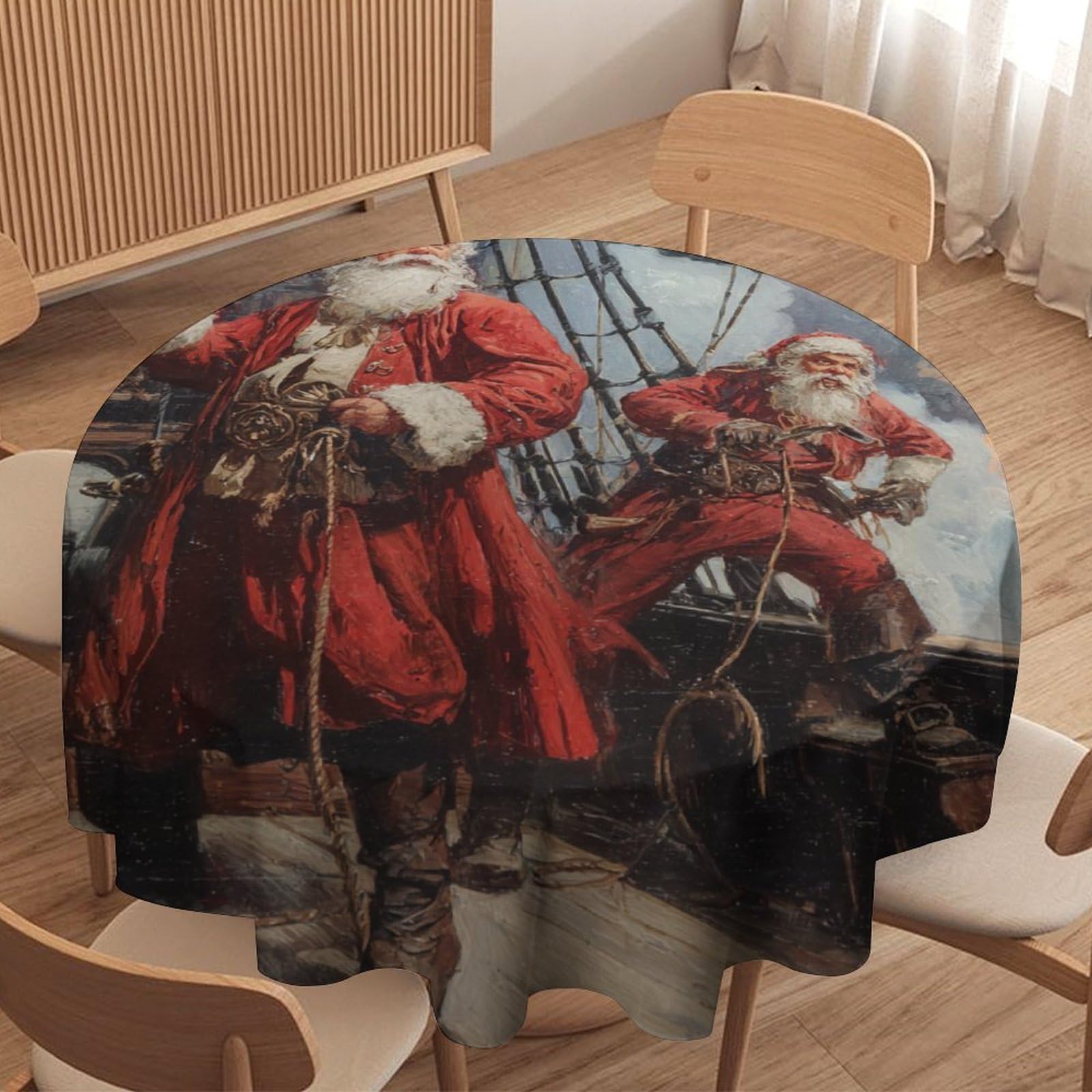 LUYYSKY Vintage Realistic Red Santa Waterproof Round Tablecloth Classic Nautical Christmas Santa Pirate Ship Pattern Washable Table Cover for Kitchen-91.4" Wx91.4 L cm