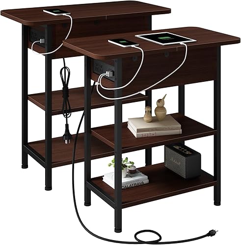 Miniatura 39 de LIDYUK Mesa auxiliar con estación de carga, juego de 2 mesas auxiliares estrechas para espacios pequeños, juego de 2 mesas de noche para dormitorio,
