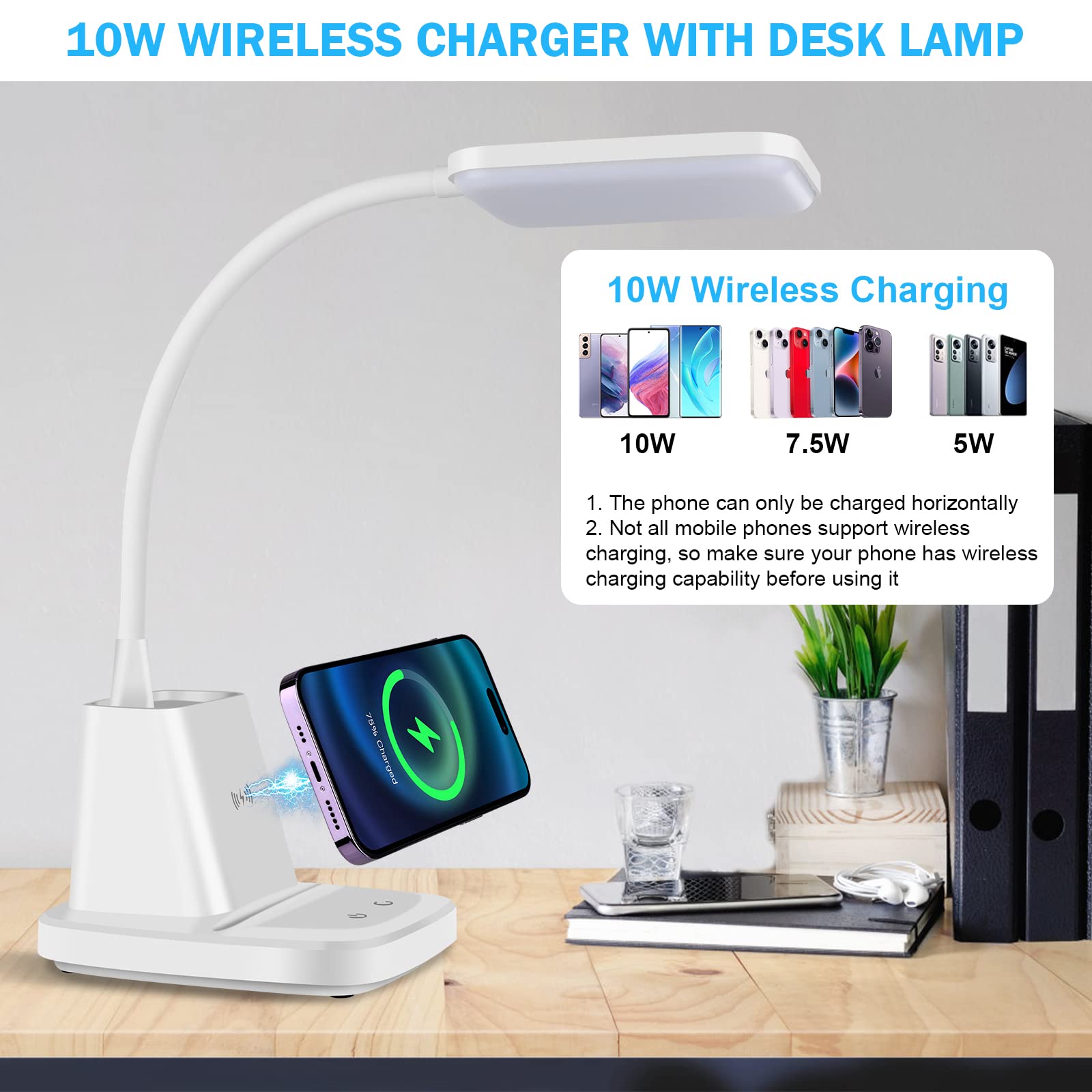 Vicsoon LED Desk Lamp with Wireless Charger, Desk Lamp for Home Office, Small Desk Lamp with Pen Holder, 800LM,3 Color Modes,Gooseneck, Eye-Caring White Desk Lamps for Home College Dorm Room