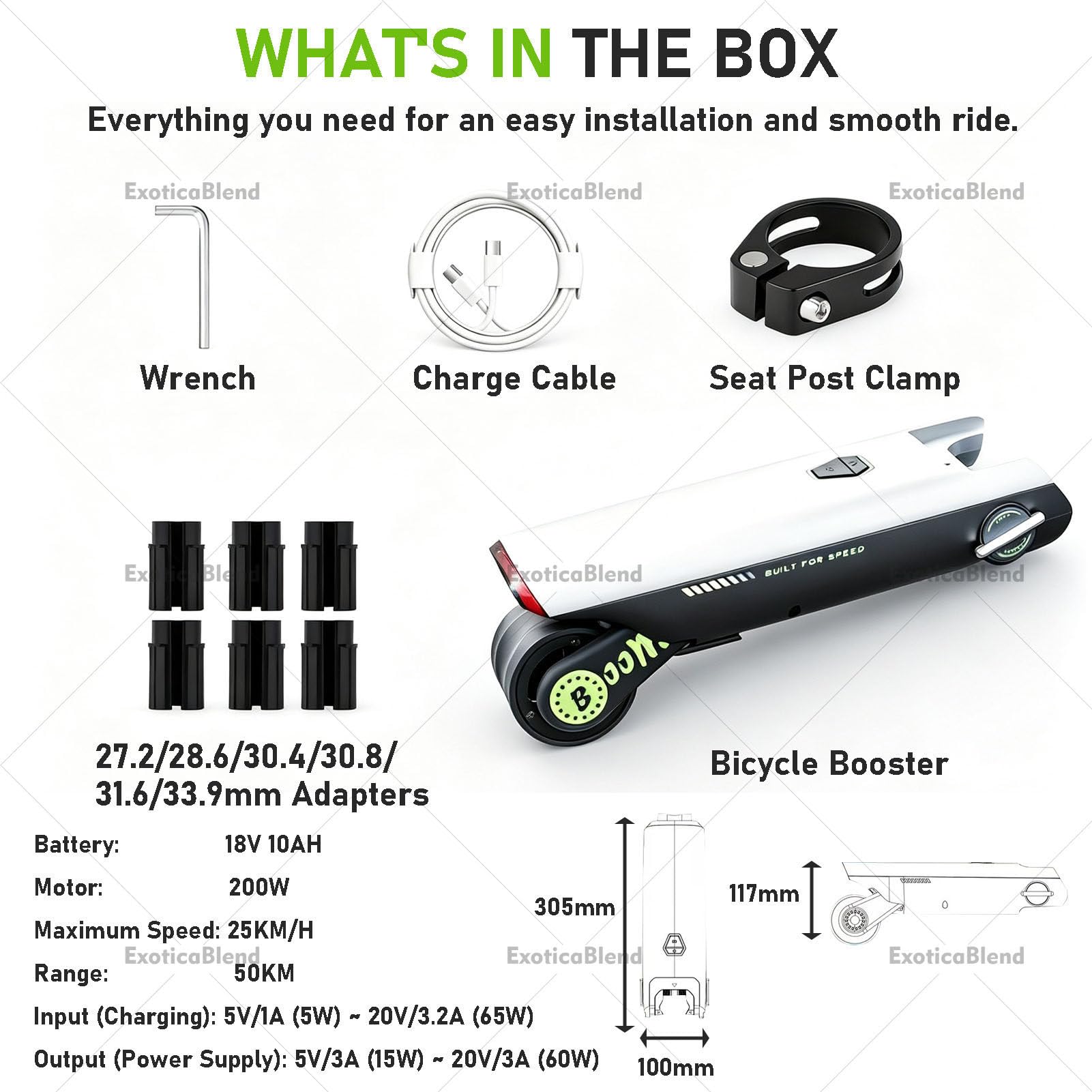 Kit de Conversion pour Vélo Électrique avec 6 Adaptateurs, Vitesse Max. 25 km/h, Installation Facile pour Routes urbaines et chemins (Gravel) Green