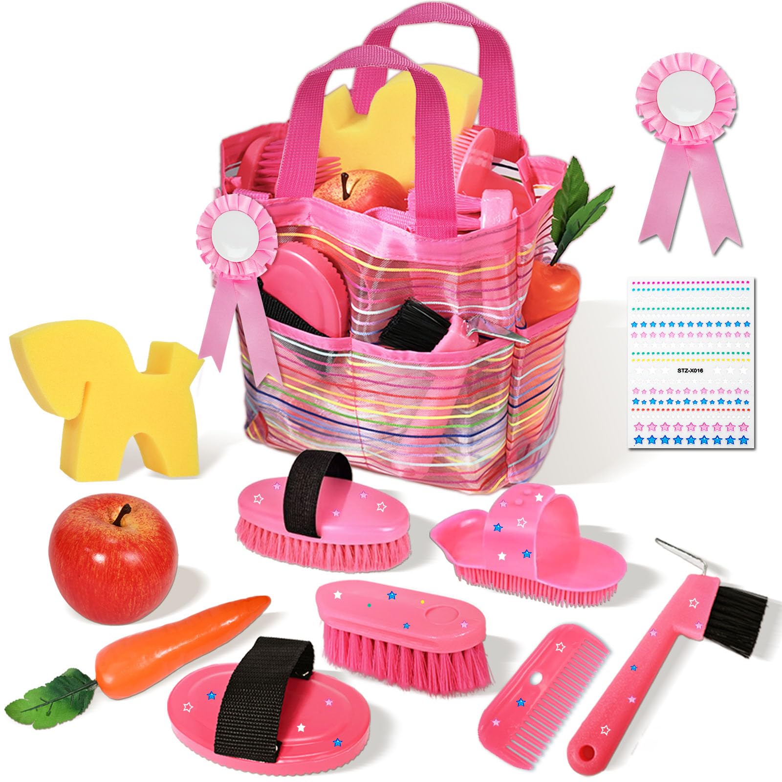 Hobby Horse Zubehör Kinder, Pferde Putzbox Spielzeug Rosa mit Tasche mit Bürsten, Kamm, Hufkratzer und Pferdeputzzeug für Mädchen, Magic Brush Horse Geschenk, Vorgetäuschtes Spielmaterial