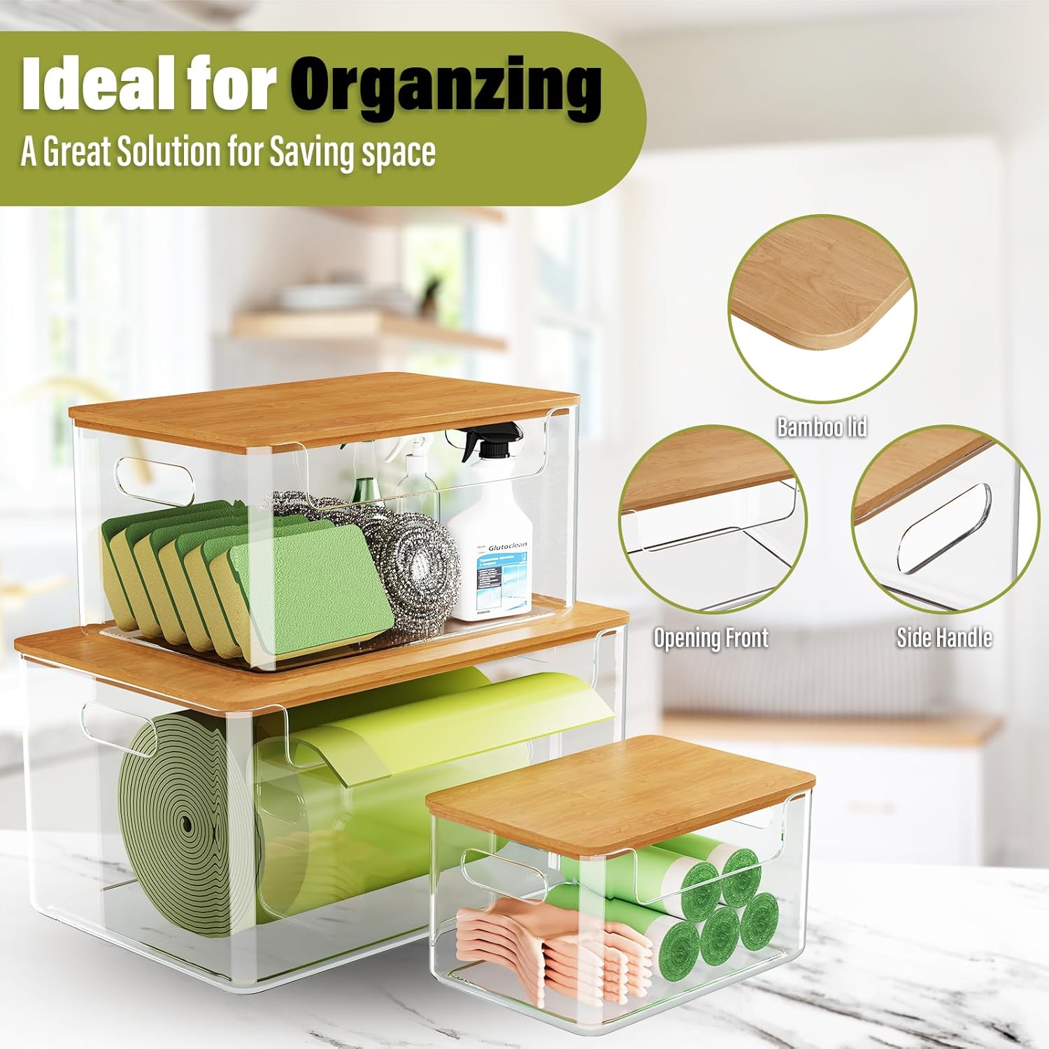 3 Pack Trash Bag Holder Dispenser with Lid, Extra Large Stackable Plastic Garbage Bag Holder Dispenser Under Sink for Kitchen, Pantry, Laundry Room, Cabinet Organizer and Storage - Image 2