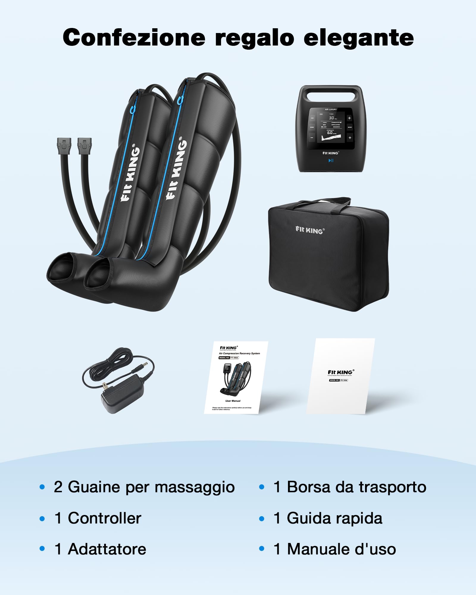 FIT KING Massaggiatore per Gambe con Controllo 4 Zone, Ricaricabile, Stivali a Compressione d'Aria per Recupero e Rilassamento Muscolare Profondo Portatile Senza Fili 12 Intensità 3 Modalità (S)