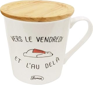 Le Fabuleux Shaman 39-1X-005 Mug avec Couvercle sous-Tasse vers Le Vendredi et l'au delà Blanc et Beige Porcelaine et Bois D12 x H9,5 cm