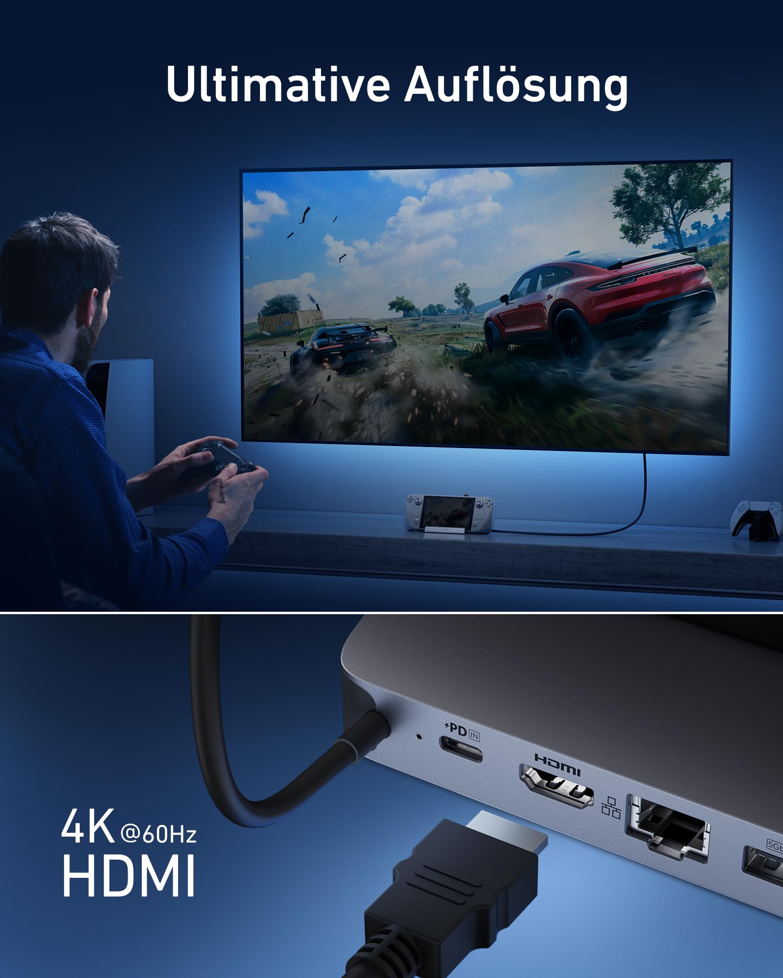 Anker Docking Station für Steam Deck/ROG Ally, 6-in-1 Steam Deck Dock, USB-C-Hub mit HDMI 4K@60Hz, 1 Gbit/s Ethernet, 2 USB-A & 1 USB-C-Anschlüsse, 90W Schnellladung für Steam Deck, ROG Ally, & mehr