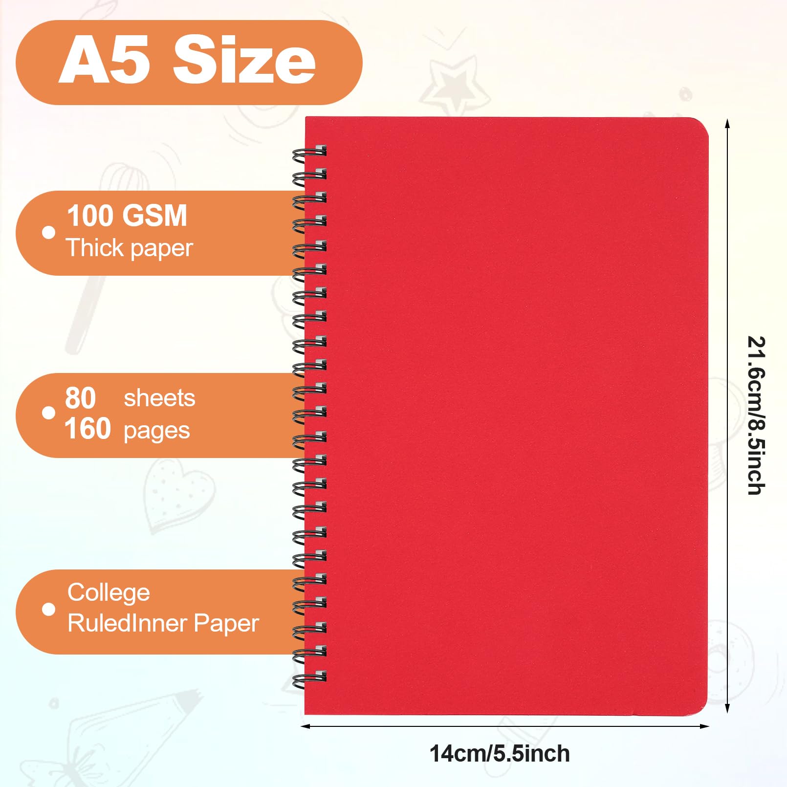 Erinnmy Paquete de 6 cuadernos de espiral de tapa dura, cuadernos A5 con rayas universitarias, 5.5 x 8.5 pulgadas, cuaderno en espiral para trabajo, estudio, oficina, suministros escolares, 80 hojas,