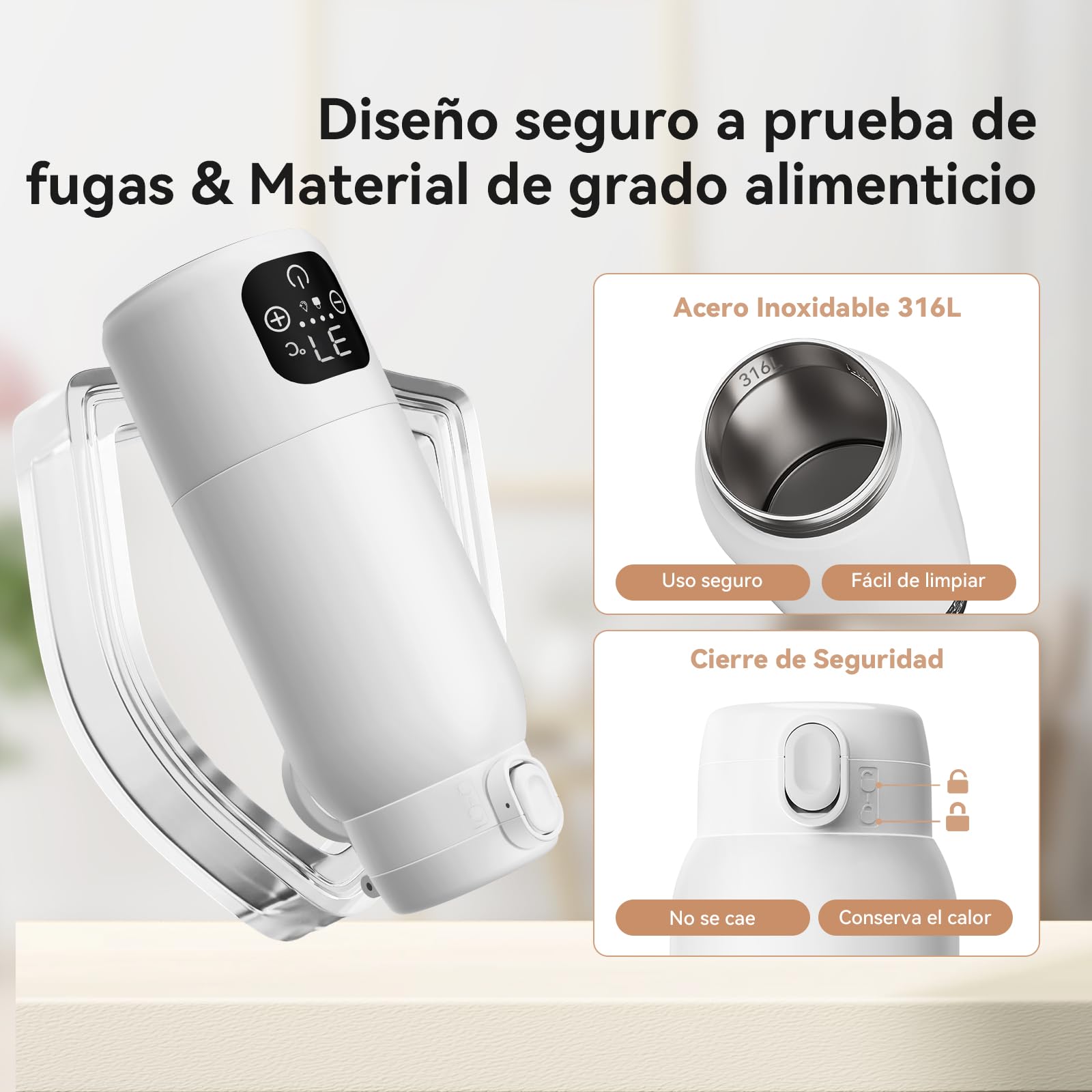 Calentador portátil de biberón para bebé – 500 ml de acero inoxidable 316L, calentamiento rápido 3 min y pasteurisación, 24 h de temperatura dual (± 1 ℃) para leche materna/pre-comida/agua