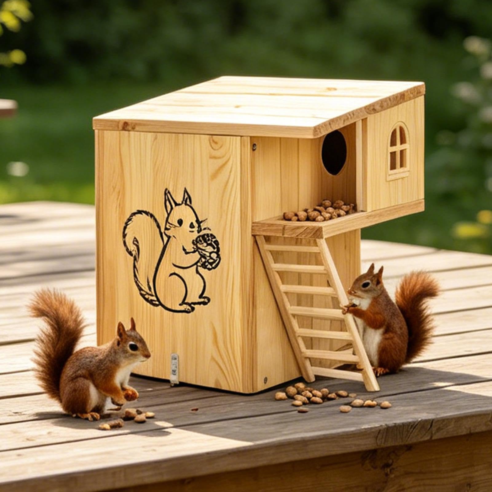 Eichhörnchen-Futterstationen für den Außenbereich | Holz-Schutzhütte | Eichhörnchenfutterspender für Draußen, Garten und | Zur Montage An Terrasse, Deck, Im Garten, An Bäumen, Im Hinterhof, Auf Dem Ba
