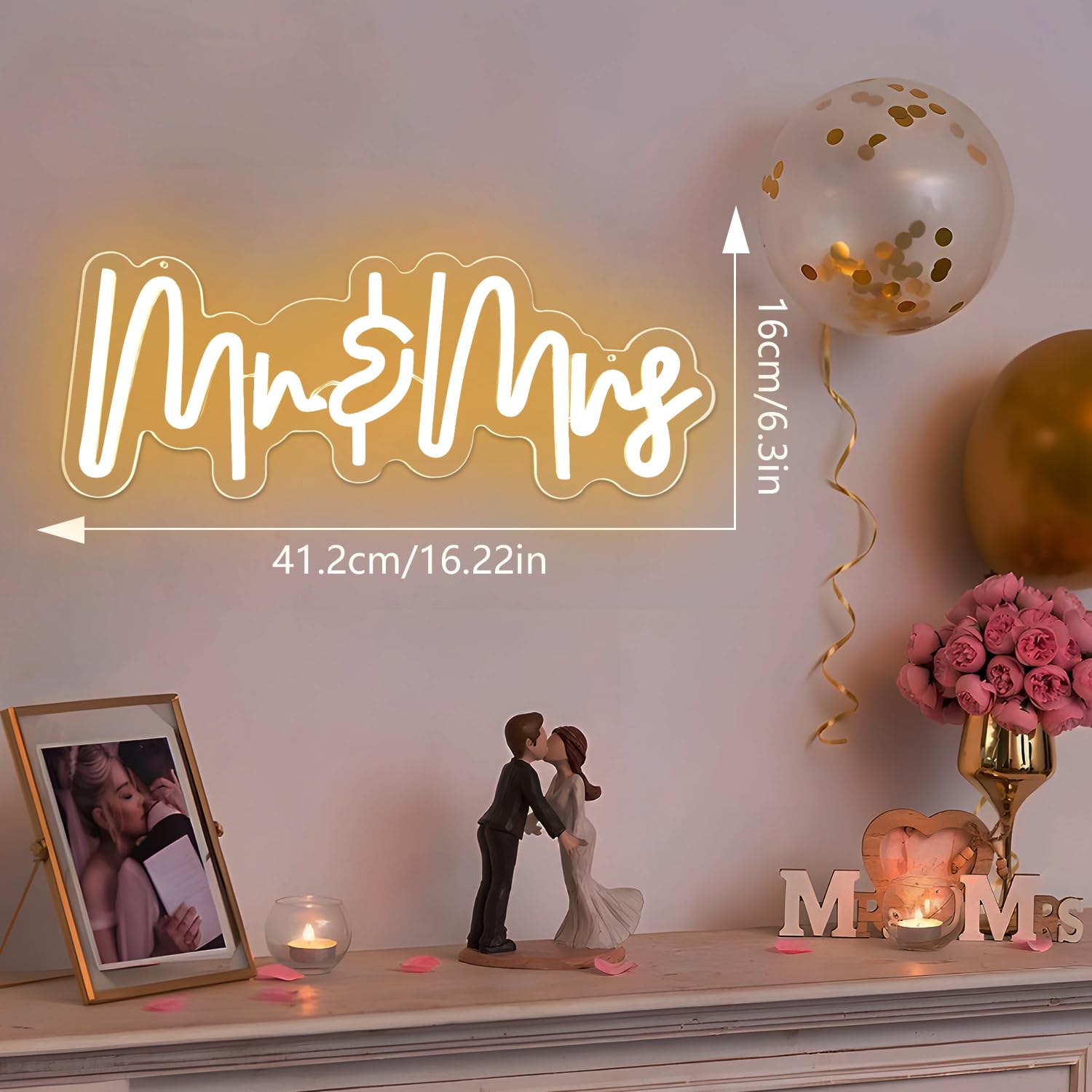 Mr. and Mrs Neonschild für Hochzeit, dimmbar, Mr. Mrs, LED-Neonschild für Party, 41,2 x 16,3 cm, Neonlichtschild für Jahrestag, Valentinstag, Wanddekoration, Geschenk, Warmweiß