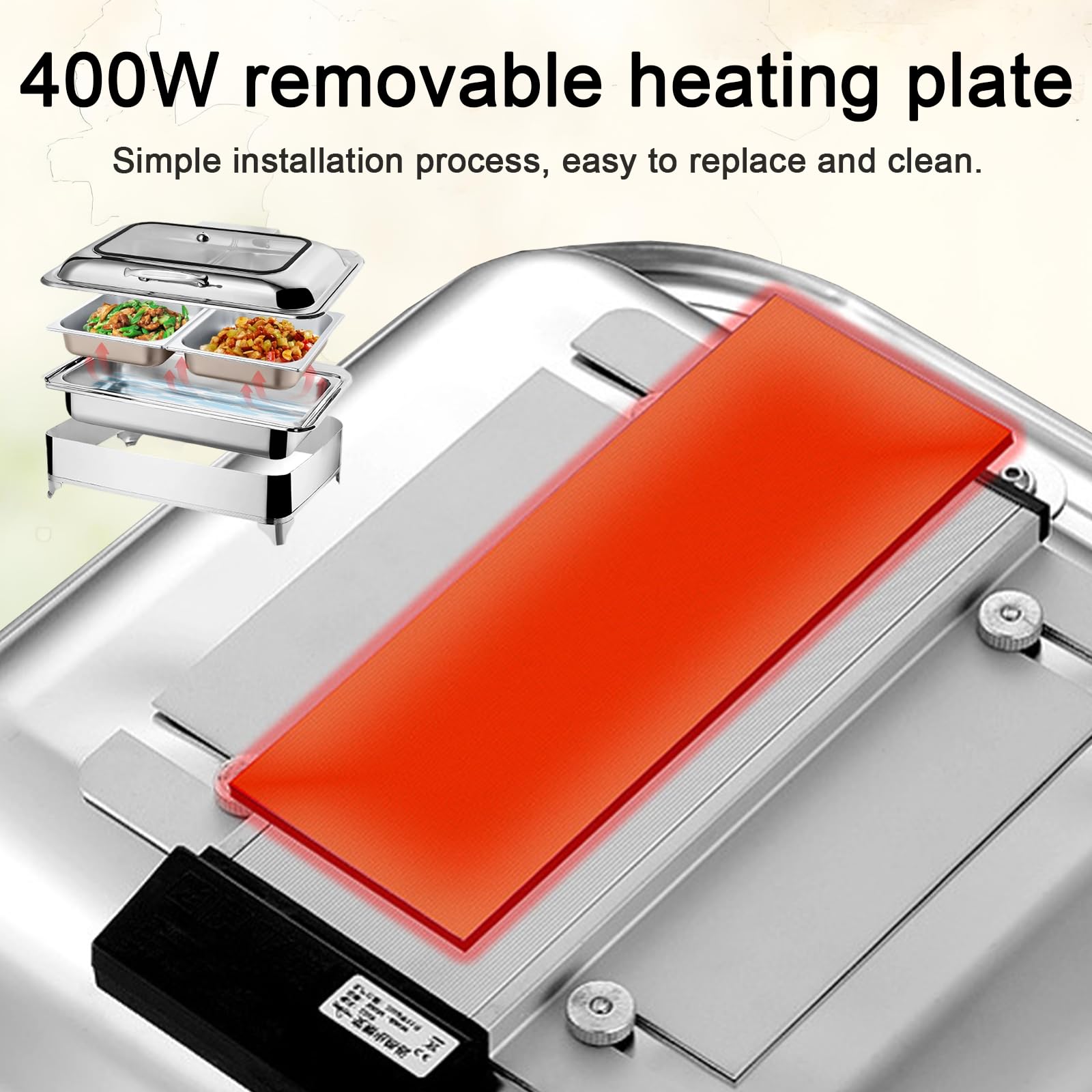 Chafing Dish Elettrico, 9L, 400W, Temperatura Regolabile(Full Pan) | Professionale Scaldavivande Elettrico per Buffet Acciaio Inox, Contenitore Scalda Cibo per Buffet, Feste e Banchetti