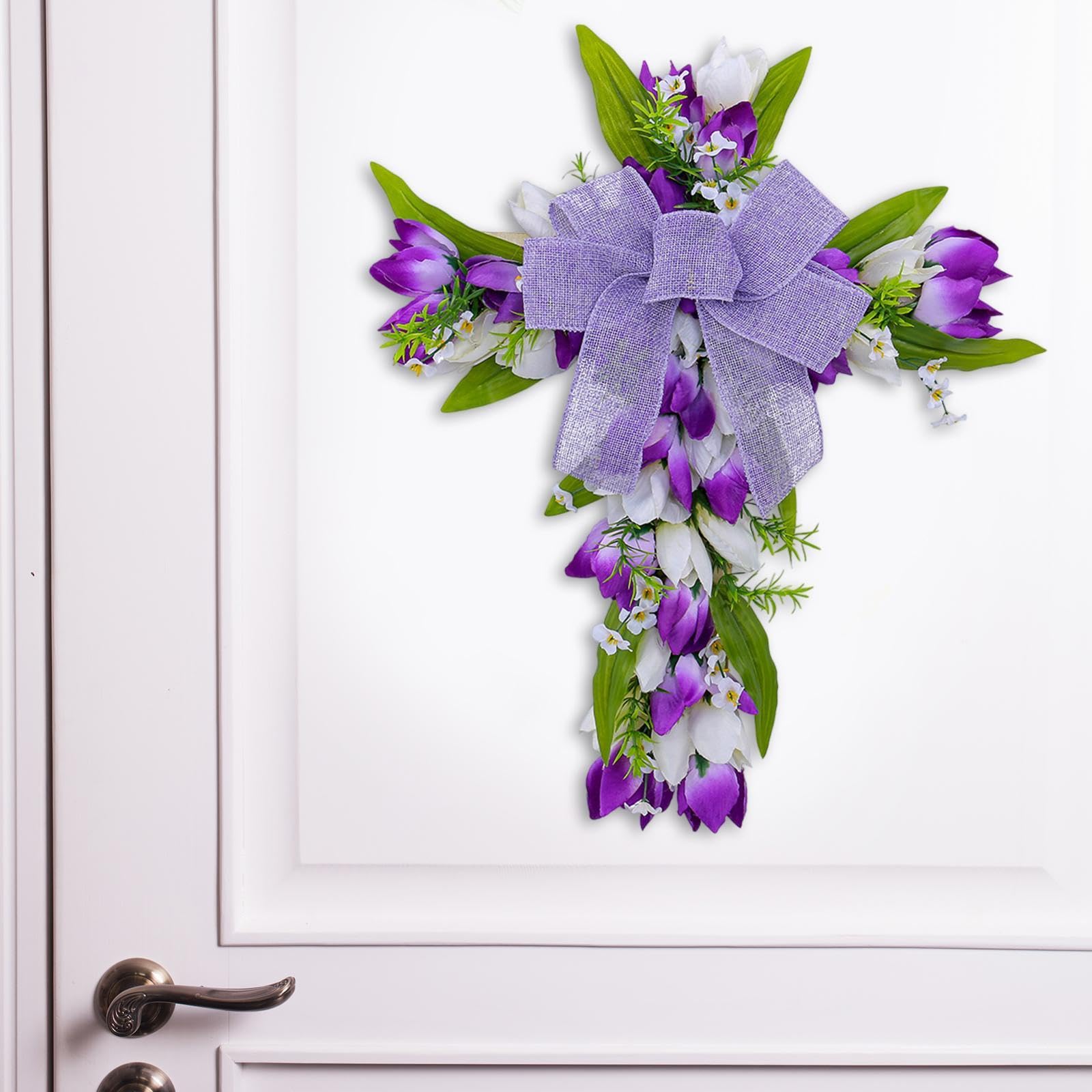 Ghirlanda Pasquale Croce con Fiocco Tessuto Artificiali Foglie Verdi Costruzione in PP E Legno Adatta a Decorazione Casa Tavolo, Fiori bianchi viola