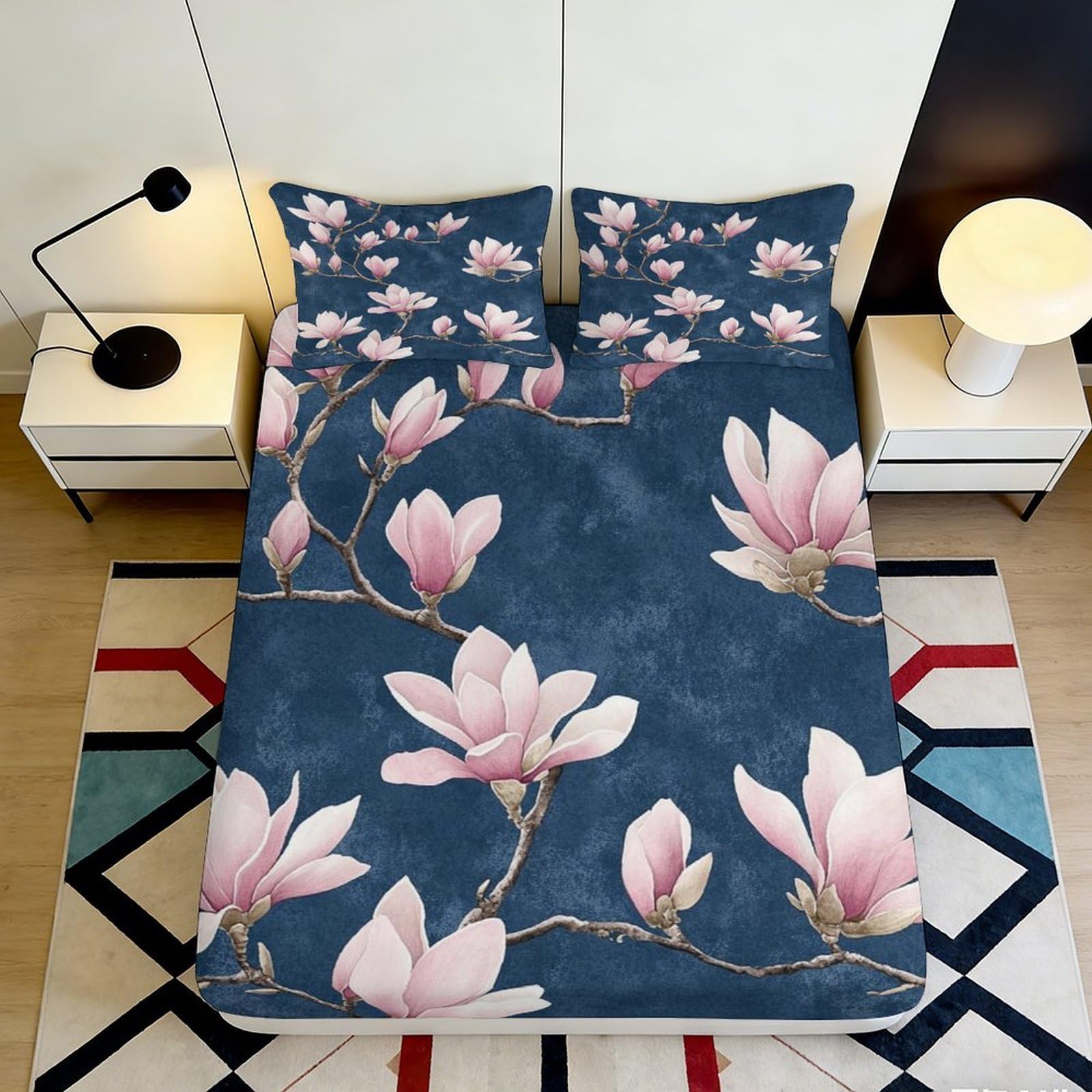 3D Printed Magnolia Blossom Fitted Sheet Microfiber Soft Blue Bed Cover for Bedroom Guest Room Mattress Decor 90x200x25cm