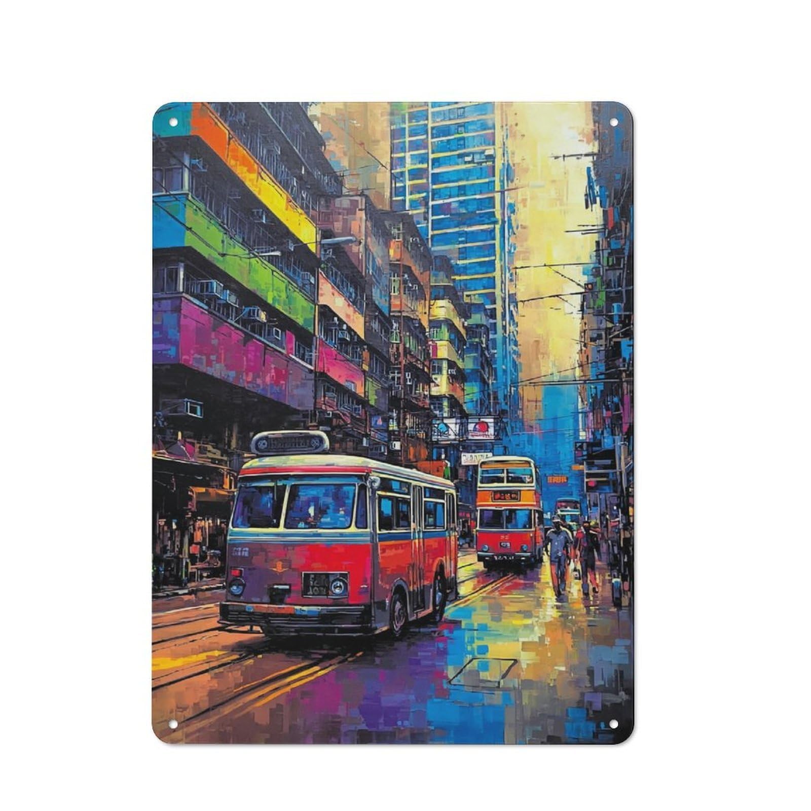 Junmoney Vibrant Cityscape With Retro Buses -2 Vintage Tin Sign 40X30cm With For Guest Room Or Hallway, For Collectors Decorating Guest Rooms And Hallways