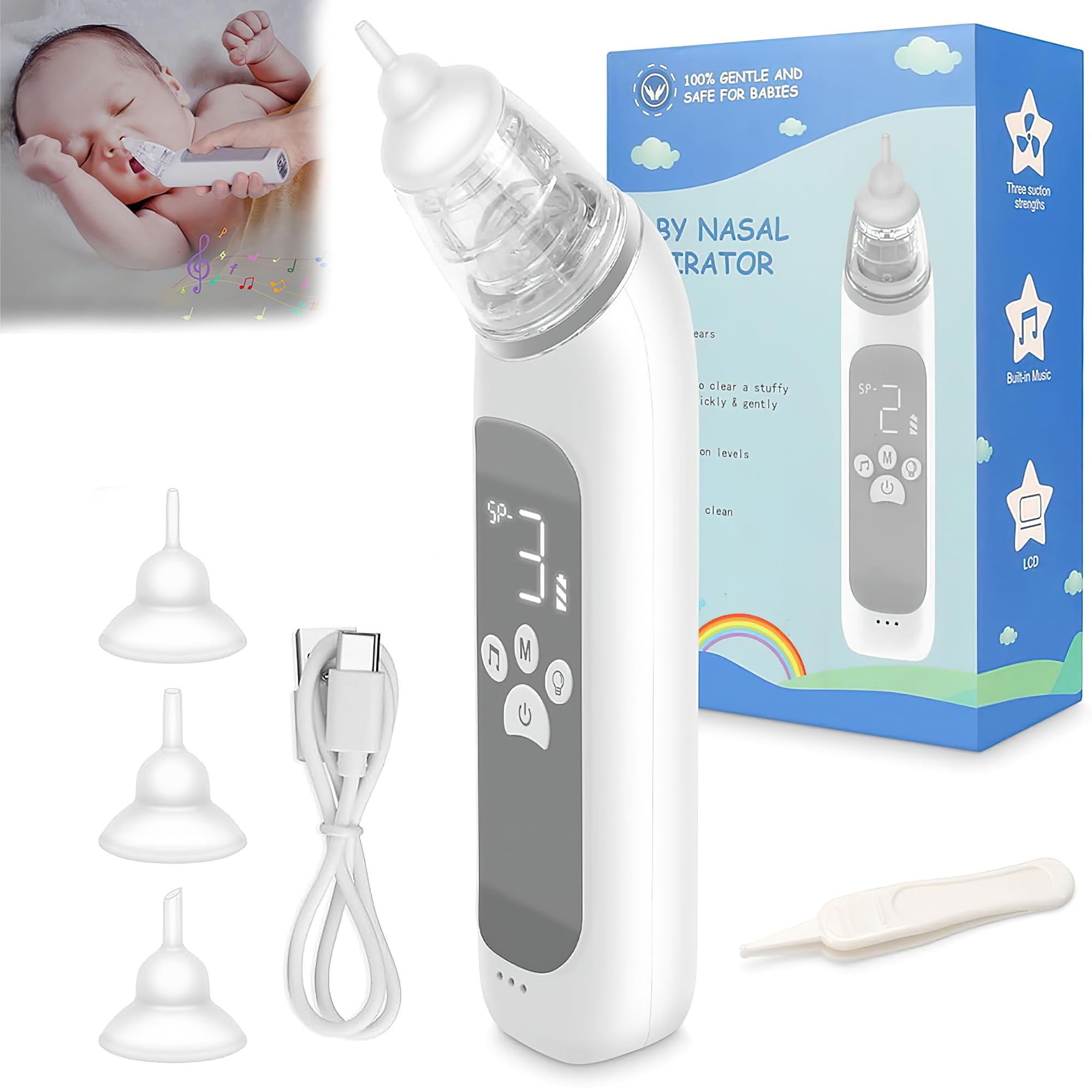 ARKZO Electric Baby Nose Aspirator and Suction Booger Cleaner - New Born Nasal Snot Remover with 3 Levels of Suction, Saline Picker, Light, and Music - Ideal for Babies-image-7
