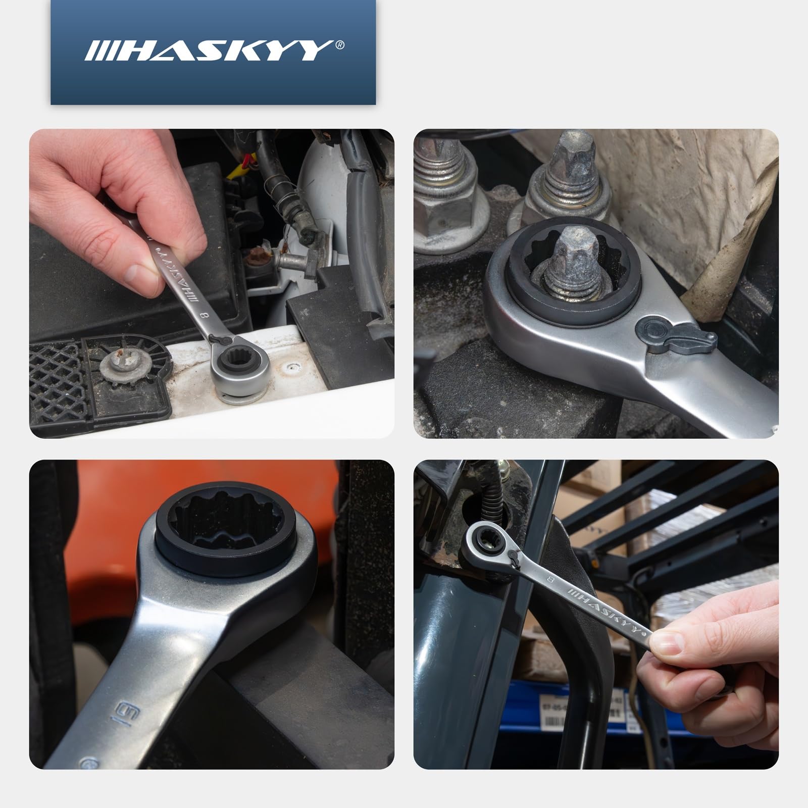 HASKYY Jeu de 3 clés à cliquet doubles SW 8-19 mm dans étui système I 8-10 x 9-11 I 12-13 x 14-15 I 16-17 x 18-19 Jeu de clés polygonales plates