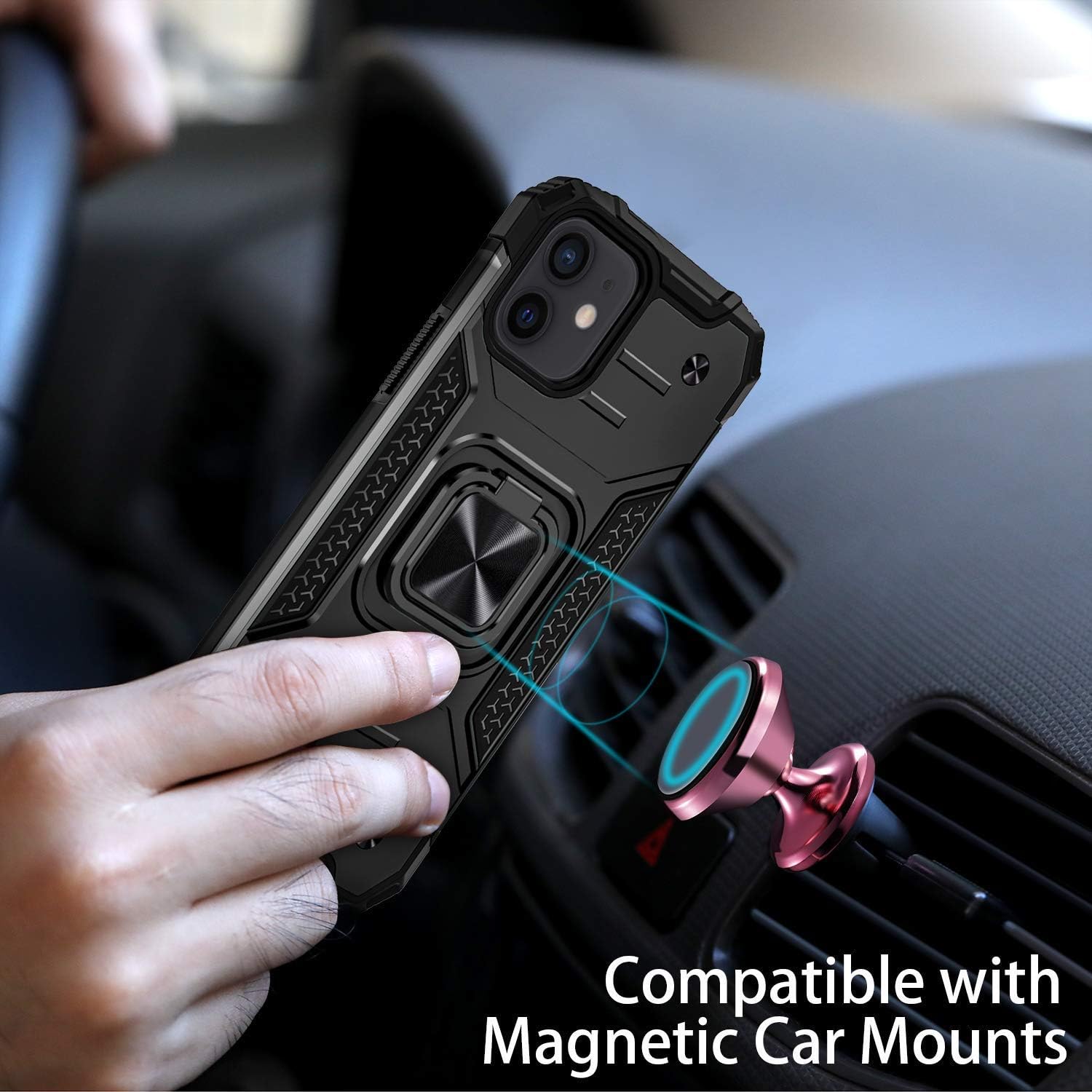Charlam Compatible with iPhone 12 Case Compatible with iPhone 12 Pro Case 6.1" 2020 for Men Women, Dual Layer Shock Absorption Protective Phone Case Cover with Metal Ring Kickstand, Black