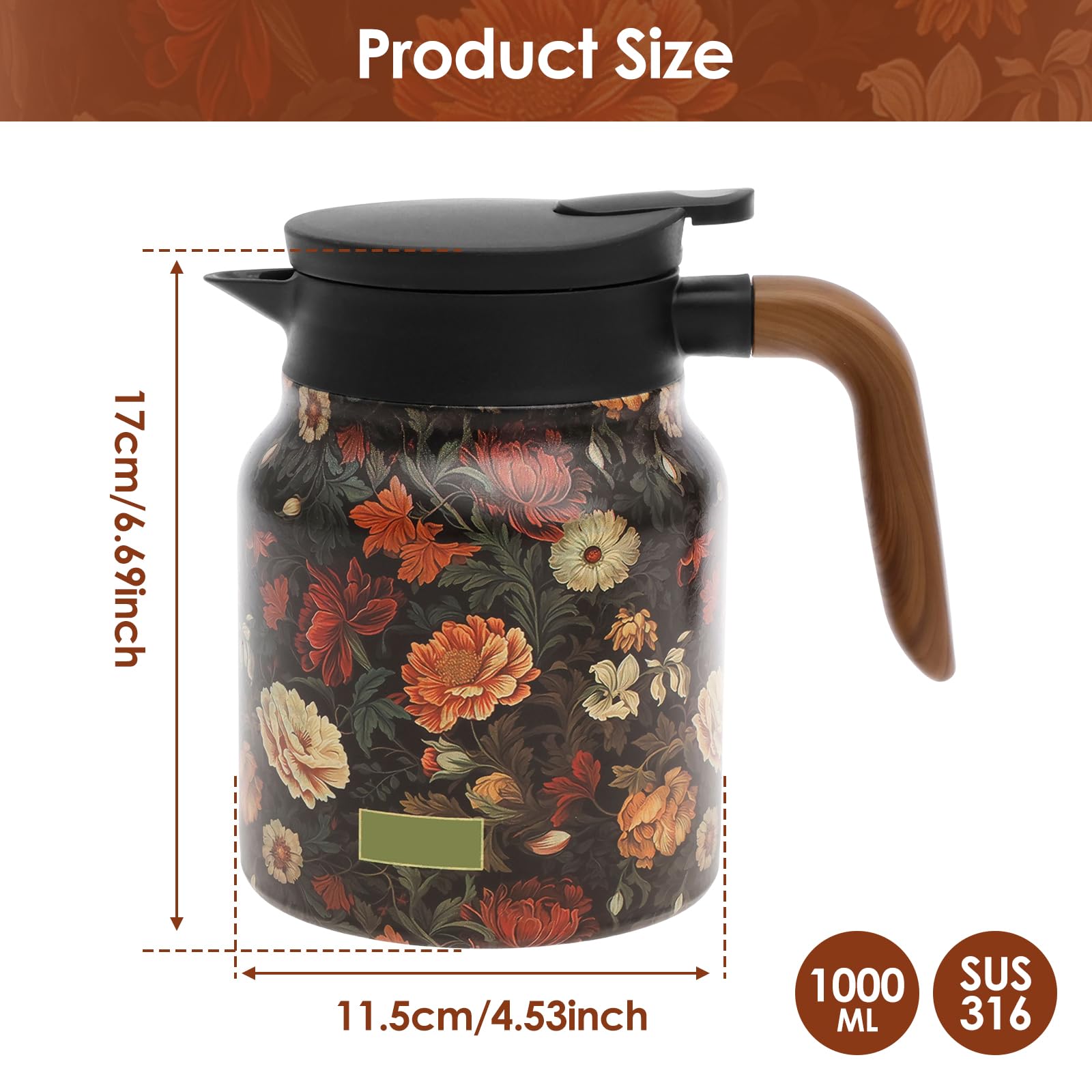 1000ml Vintage Floral Pattern Tea Thermos, Thermal Tea Pot with Handle and Built in Infuser, Stainless Steel Insulated Tea Kettle, Vacuum Coffee Carafe, Flower Pattern Insulated Infuser Pot(Black)