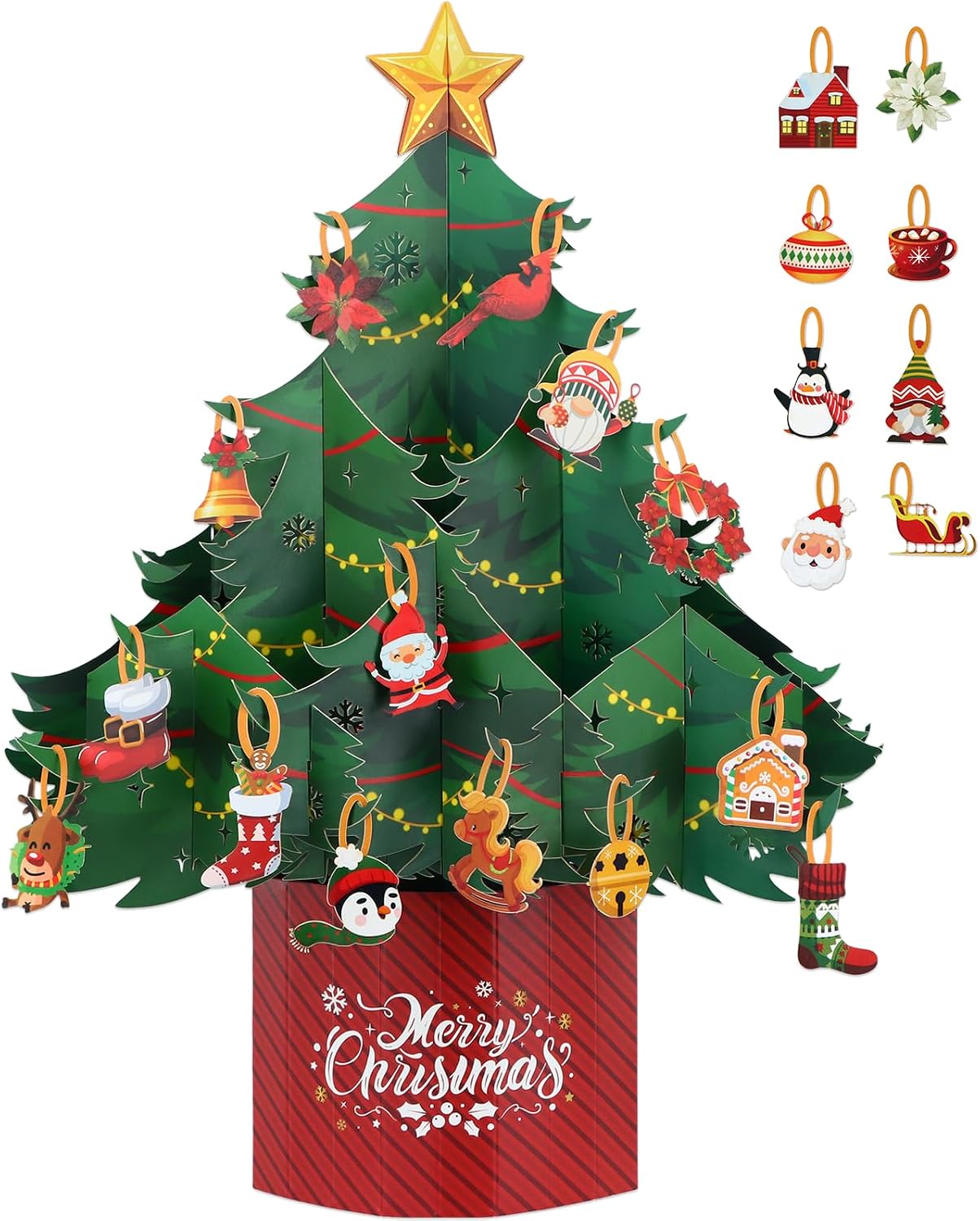 D4DREAM Christmas Advent Calendar 2025-24 Days Countdown Calendar Christmas Tree with Envelopes, Blank Notecard, 2 Sets of Paper Hanging Decorations for Kids, Family, Friends