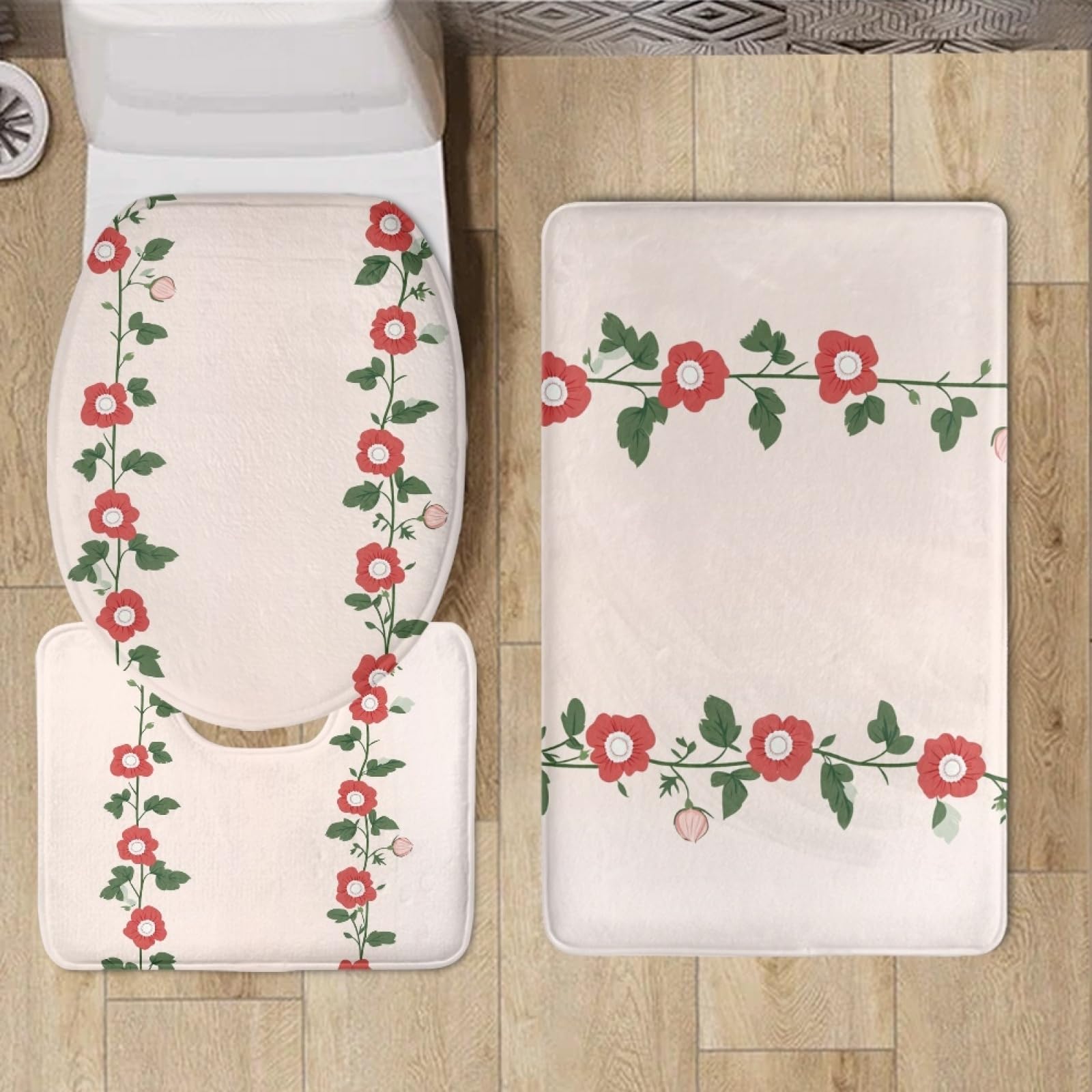 Tapis de bain fleurs rouges et vertes ensemble 3 pièces en mousse