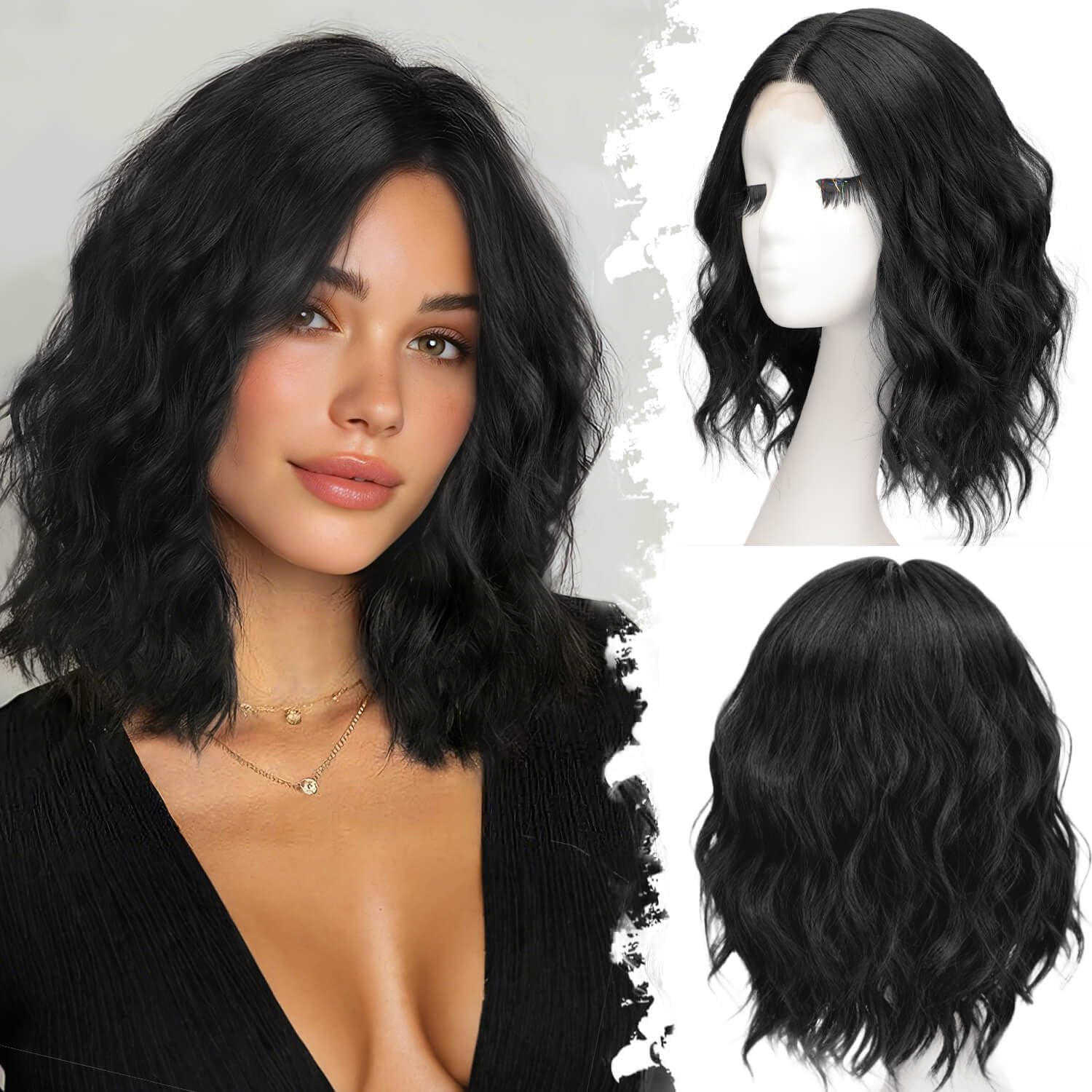Eawwii Black Short Wavy Wig for Women Lace Hairline Bob Style Synthetic Heat Resistant - Natural Appearance for Everyday Hairstyle 14 Inch