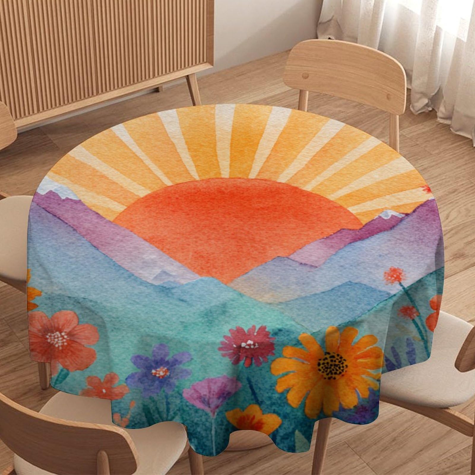 LUYYSKY Abstract Vintage Sunrise Scenery Waterproof Round Tablecloth Modern Aesthetic Natural Landscape Plant Daisies Floral Pattern Washable Table Cover for Kitchen-127 Wx127 L cm