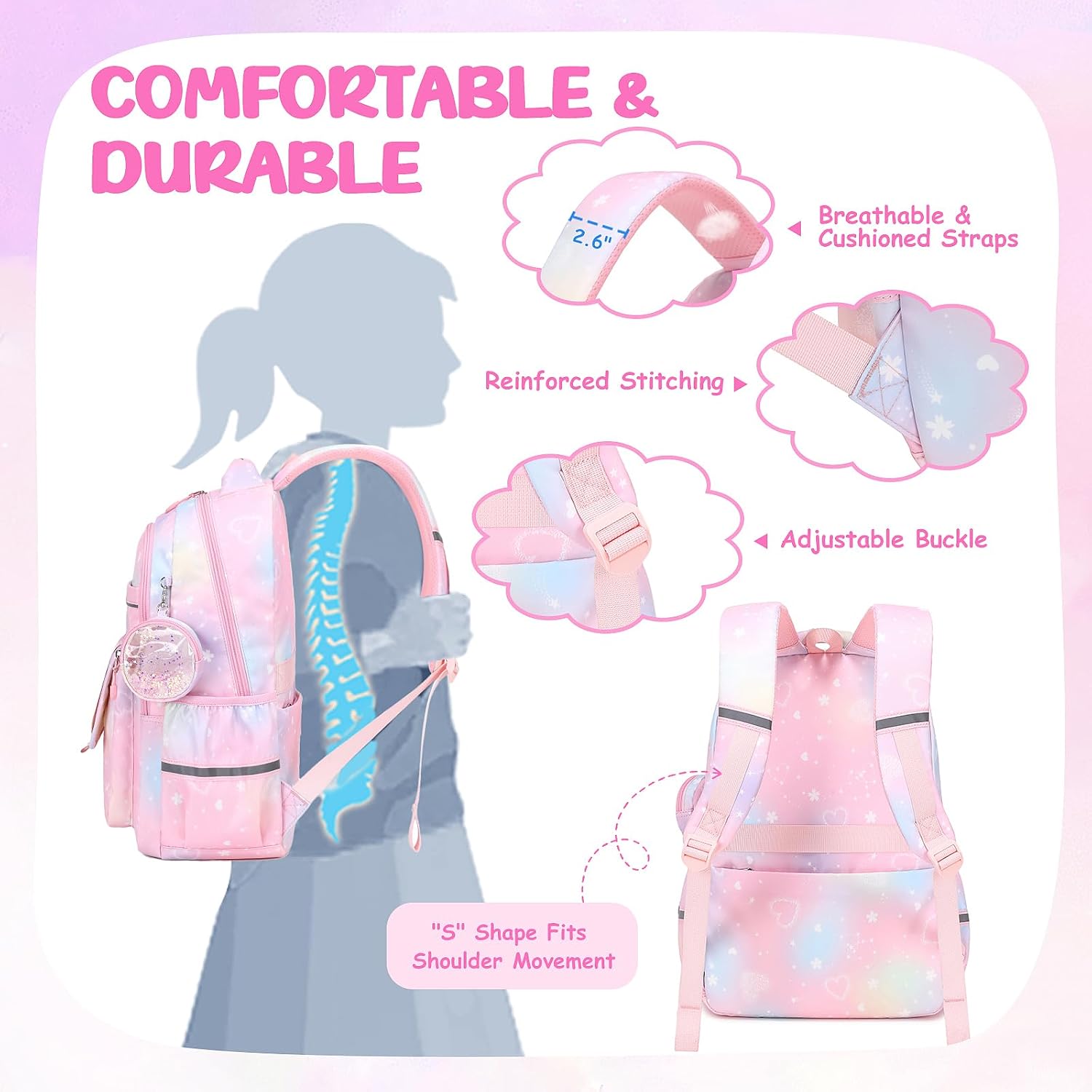 MUSEVOS Kids School Backpacks for Girls: Cute Kawaii Bow Book Bag with Large Lots of Pockets for Elementary Age 6-14 Pink