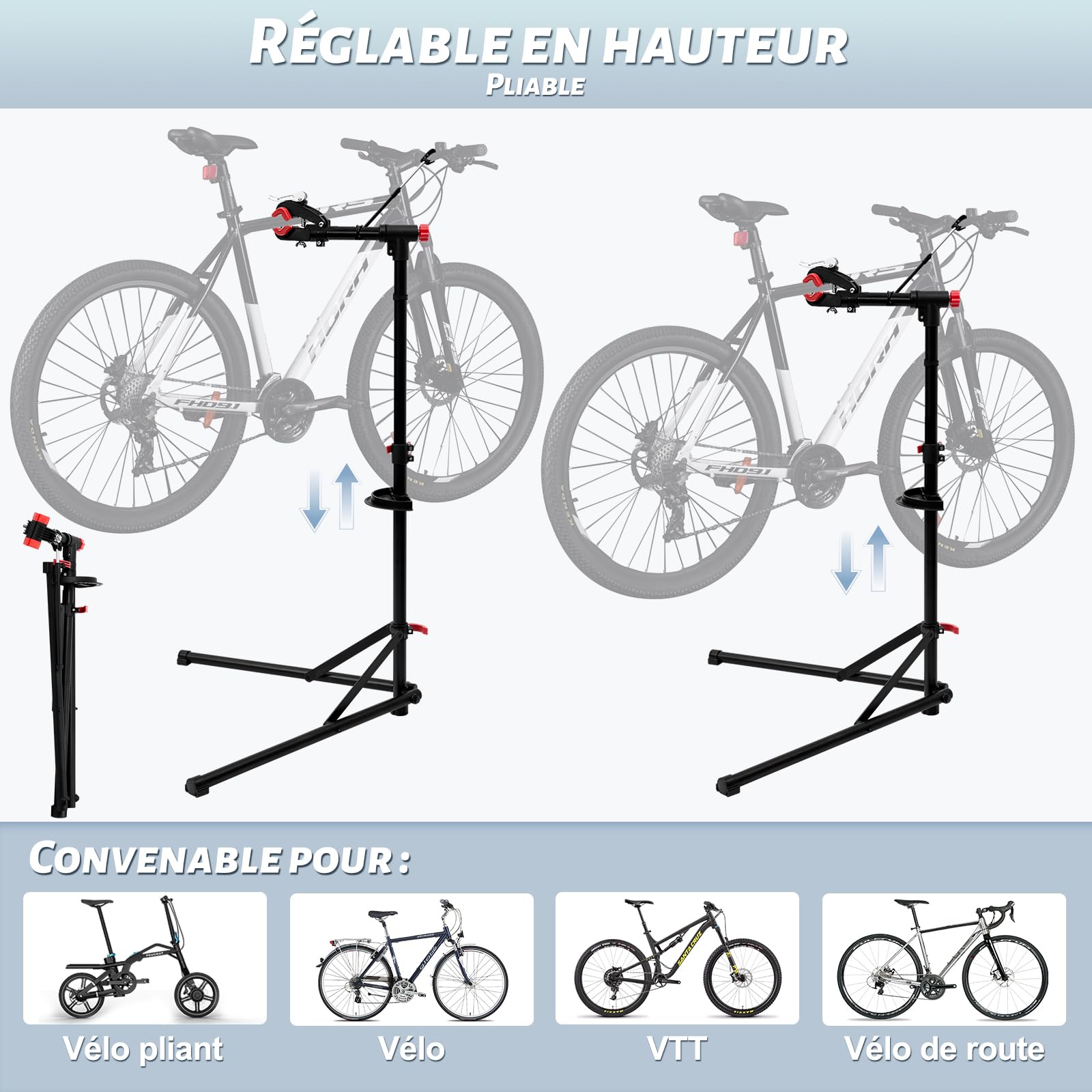 WOLTU Support réparation de Vélo, Support Vertical Professionnel pour Vélo, Porte-vélo Extensible avec Bras Rotatif à 360° et Pieds Triangulaire, Porte Bicyceltte, Hauteur Réglable, Charge de 25 kg
