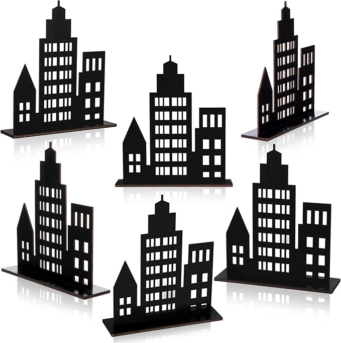 Geelin 6 Pcs Skyscraper Party Decoration Hero Theme Wood New York Skyscraper Table Decor City Skyline Building Centerpiece Sign for Halloween Party Favors Comic Birthday(Hollow Style,Black)