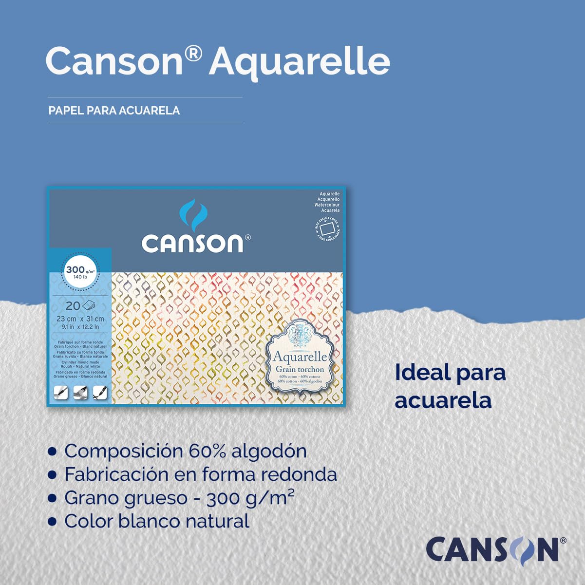 Aquarelle Canson blok akwarelowy klejony na 4 bokach, 25x36 cm, 20 arkuszy, 300 g/m², gruboziarnisty (rough grain)