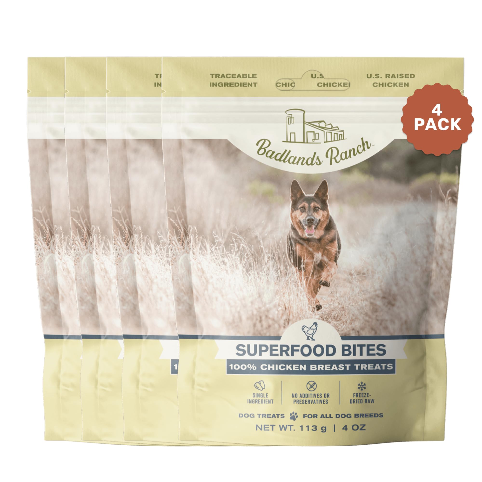BADLANDS RANCH - Superfood Bite, Freeze-Dried Raw Dog Treats - Protein Rich, Train & Reward, Traceable Single Ingredient by Katherine Heigl (4 Ounce (Pack of 4) Chicken Breast)