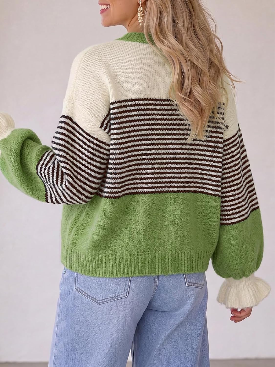  Womens 2026 Fall Trendy Striped Cardigan Sweaters Ruffle Sleeve Button Up Loose Color Block Sweater Coats thumbnail