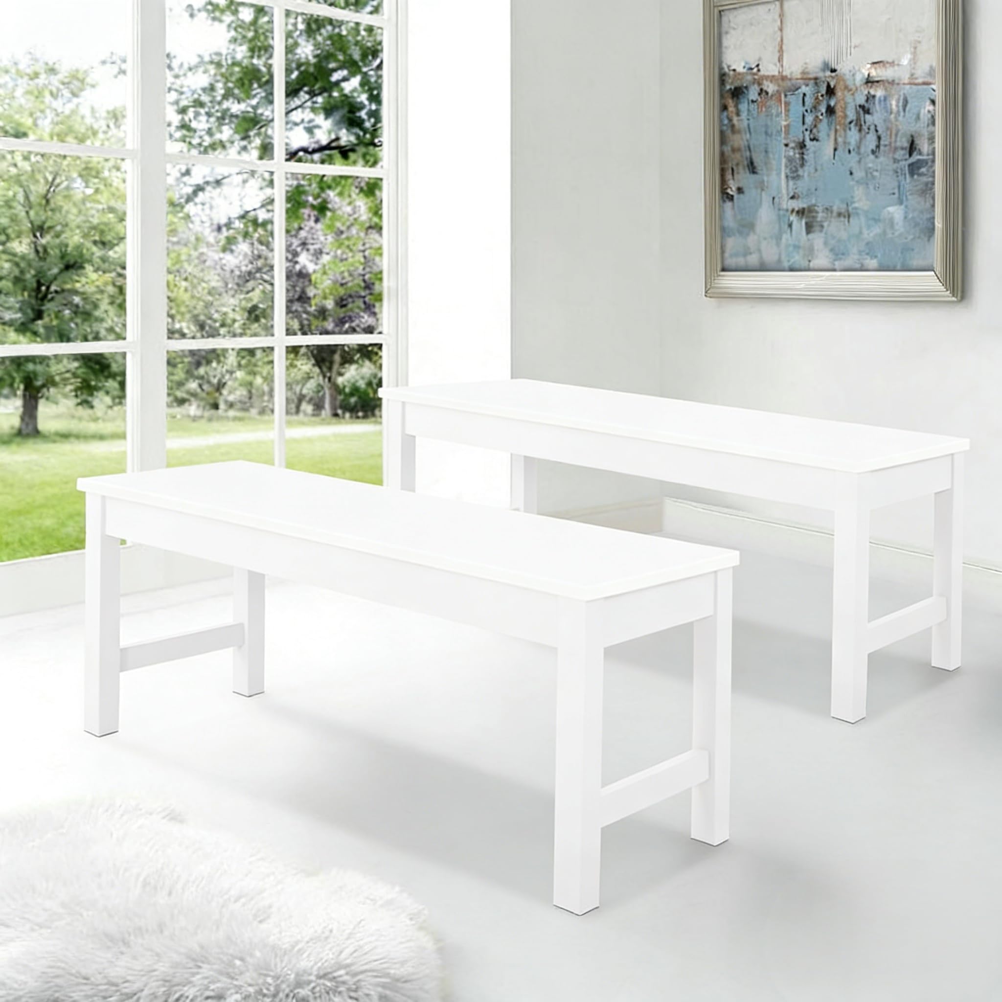 Warmiehomy Set of 2 Dining Bench,Elegant Modern Bench Solid Pinewood & Sturdy Metal Frame, Durable 2-Seater for Living Room, Bedroom, Kitchen, Patio,90CMx35CMx44.5CM, All White Color