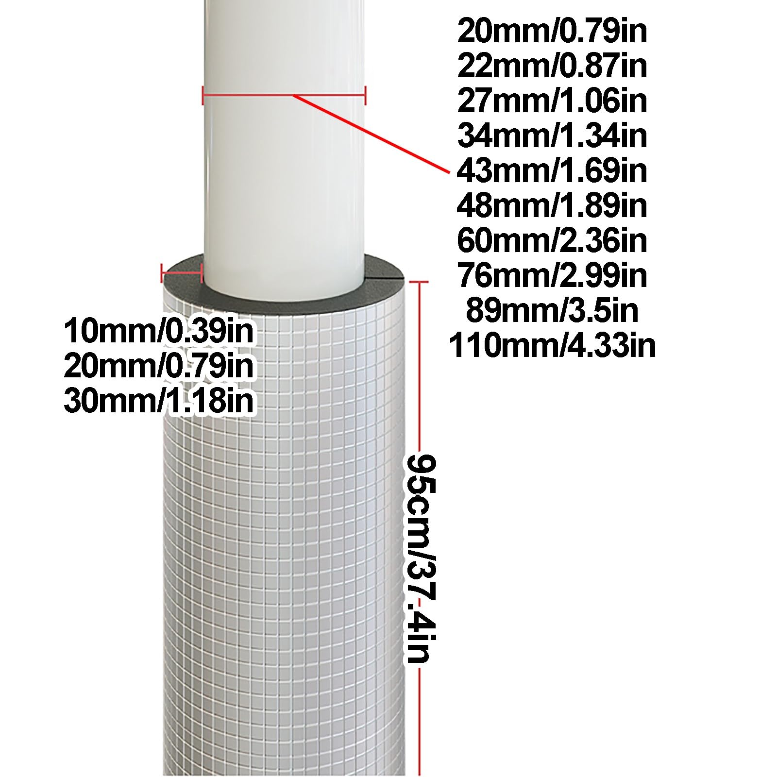 95cm Guaina Isolante In Gomma,Tubo Isolante Antigelo,Isolante Per Tubi In Foglio Di Alluminio Autosigillante,Isolamento Del Tubo Tubi In Schiuma,ID 22-110mm Per Tubi Dell'acqua Fredda E Calda ( Color