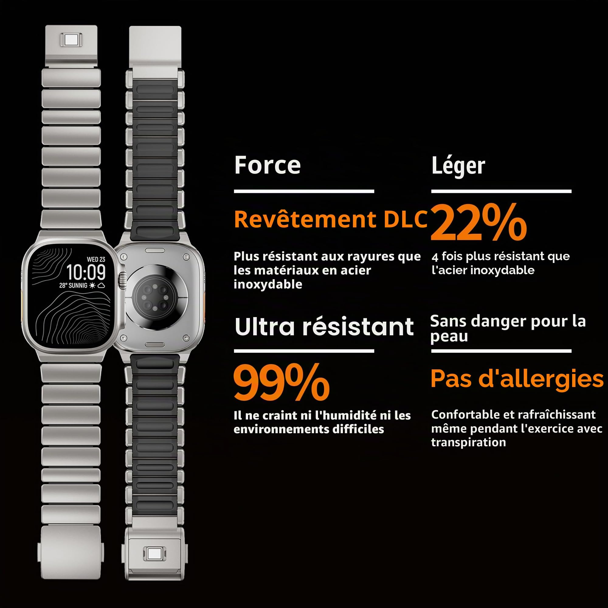 Bracelet en titane compatible avec Apple Watch Ultra 3/2/1 49 mm - Silicone titane - Double couche - Fermeture magnétique - Bracelet de rechange pour iWatch Series 11